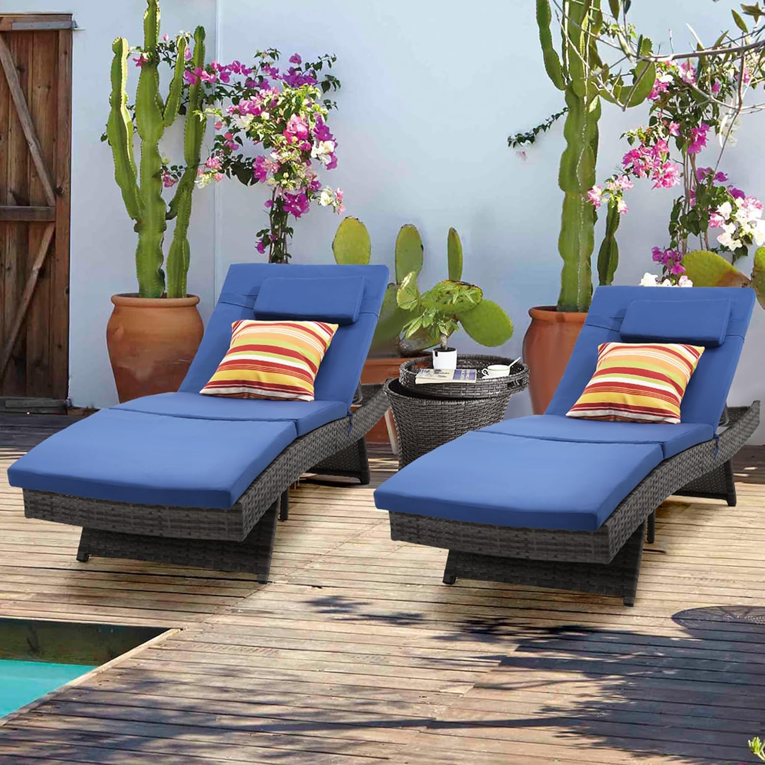 Sundale Outdoor Chaise Lounge Set of 2, Rattan Wicker Patio Lounge Chairs for Outside, Adjustable Chaise Loungers with Cushions & Pillows for Deck, Indoor, Yard, Navy Blue