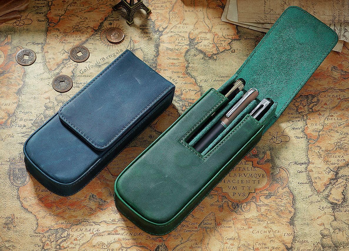 Stiftetui Schutzhülle Handgemachte Stiftebox Aus Rindslederimitat Mit Magnetischer Schublade - Blau