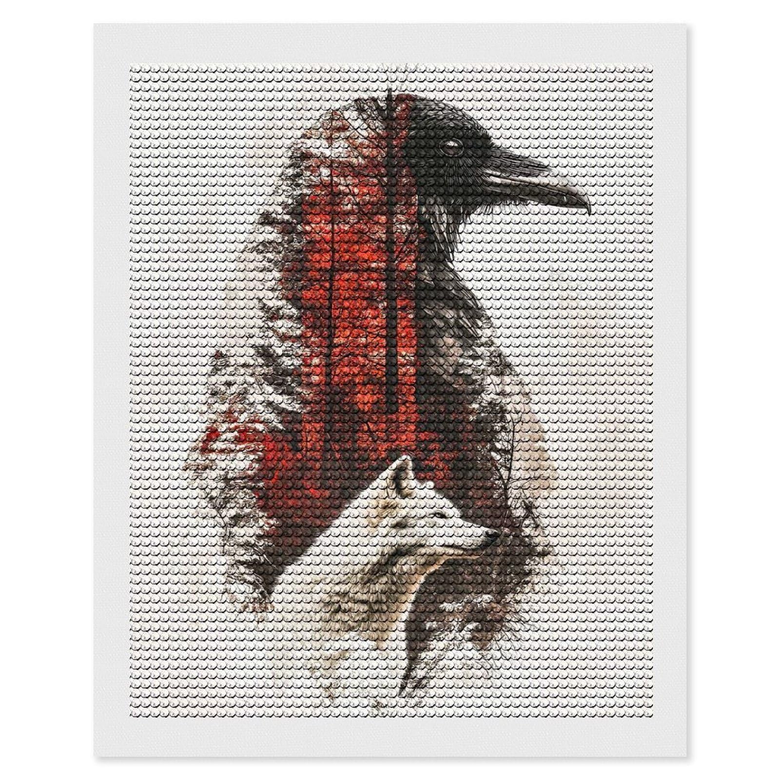 Junmoney Wolf and Raven Double Exposure Diamond Art Canvas 16"x20", for Adults, Printed Canvas, Home Wall Decor, Gift Idea, Mindful Craft Activity