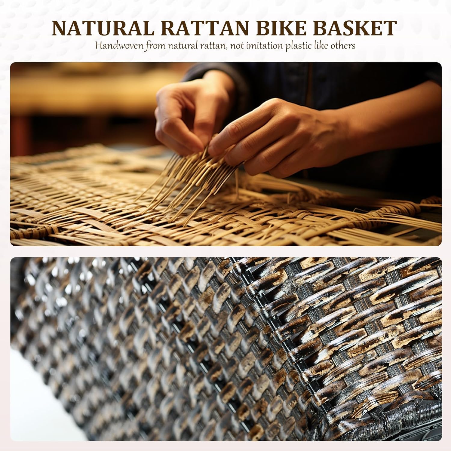 Bike Basket Rear, 16"X11.4"X7.4" Natural Rattan Beach Cruiser Bike Rear Basket with Waterproof Cover,Cargo Net, Handmade Woven Rectangular Bicycle Rear Basket for Women's and Mens Cruiser
