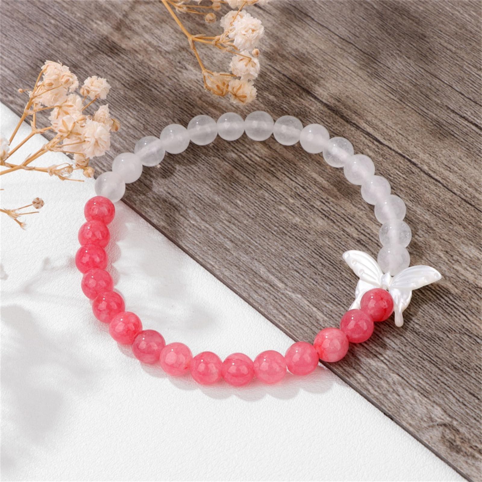 Braccialetto in Pietra Naturale Bracciale Farfalla con Guscio di Pietra Naturale Femminile da 6 Mm Perline di Pietra Vulcanica Bracciale con Cordone Elastico