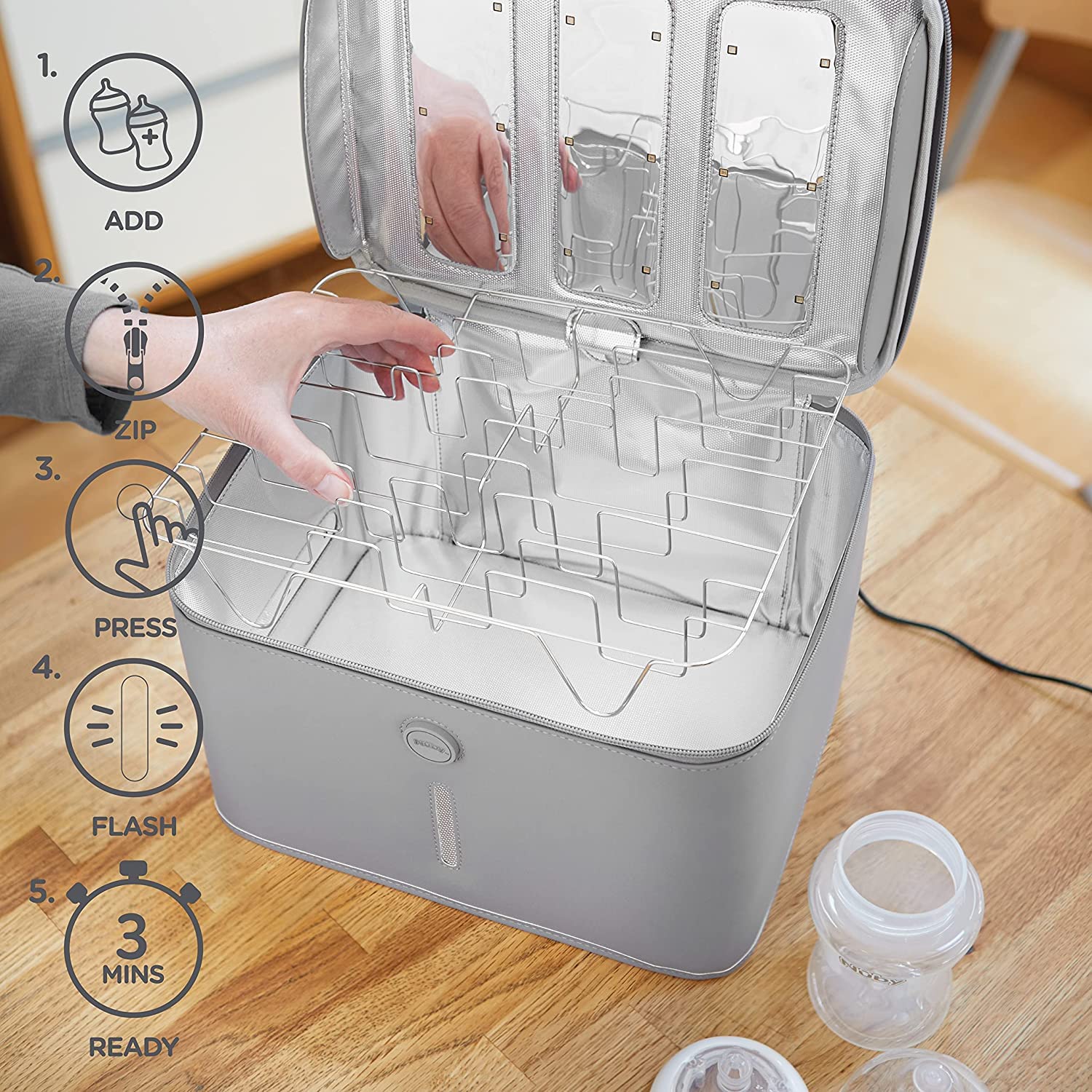 Dr. Talbot's Nuby - Sterilizzatore A Luce UV Per Biberon, Succhietti, Giocattoli, Smartphone - Con Griglia - Grigio