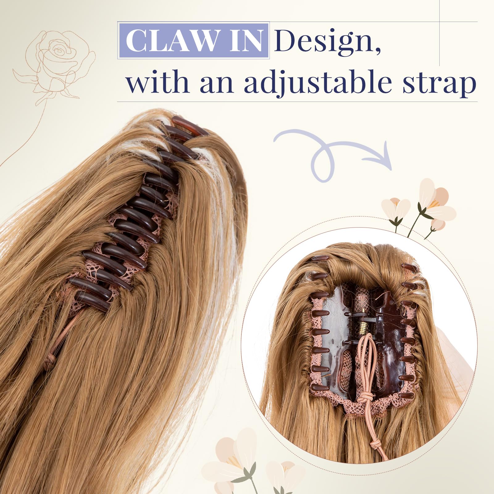 TESS 24'' Curly Ponytail Extensions, 210g Claw in Long Ponytail Extension, Hair Pieces for Women Light Auburn With Beige Highlighted - Image 4