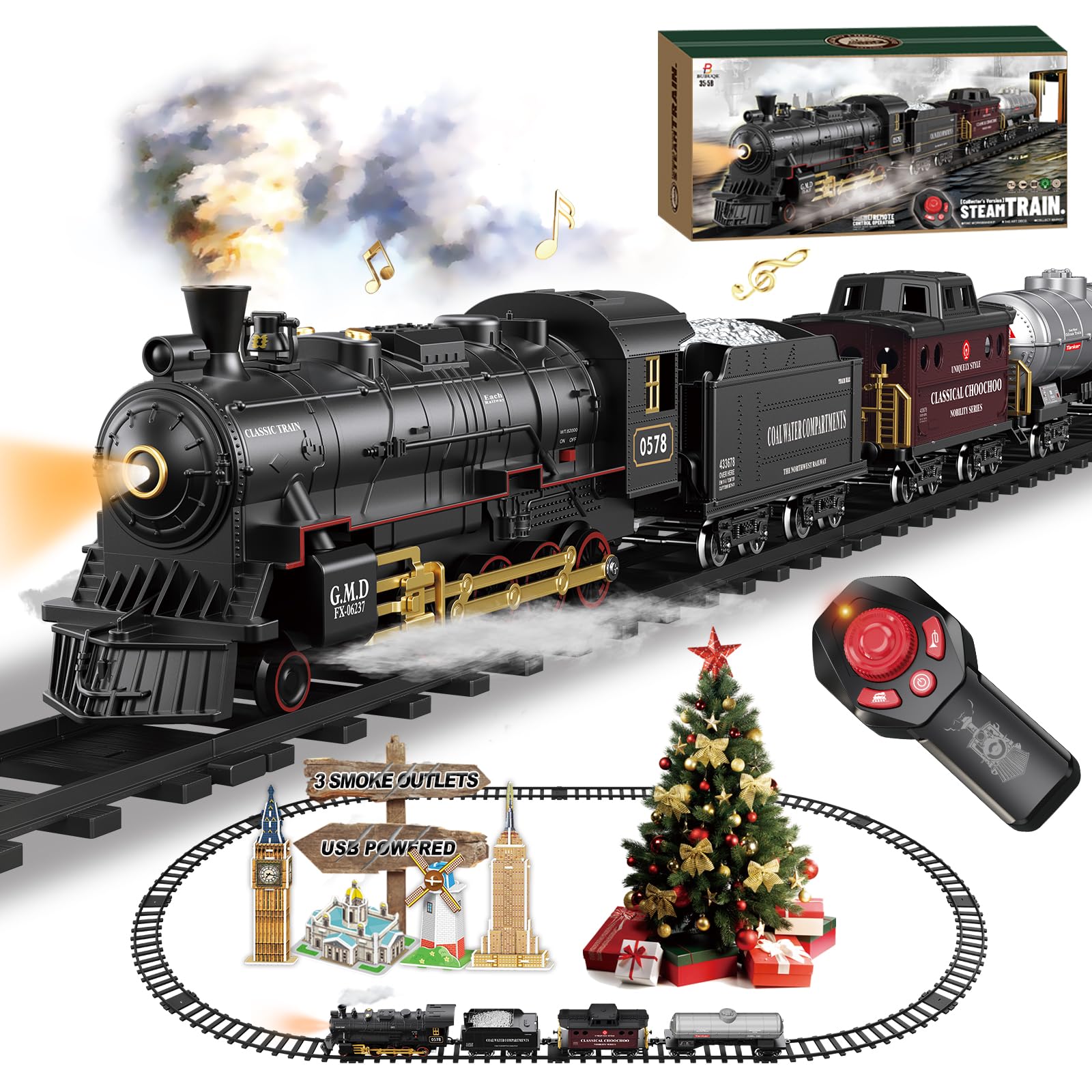Electric Remote Control Train Set Christmas Trains Steam Locomotive, Cargo Car & Tracks, Train Toys for Kids w/3 Smoke,Whistle & Lights, Christmas Birthday Gift for Boys Girls 3 4 5 6 7