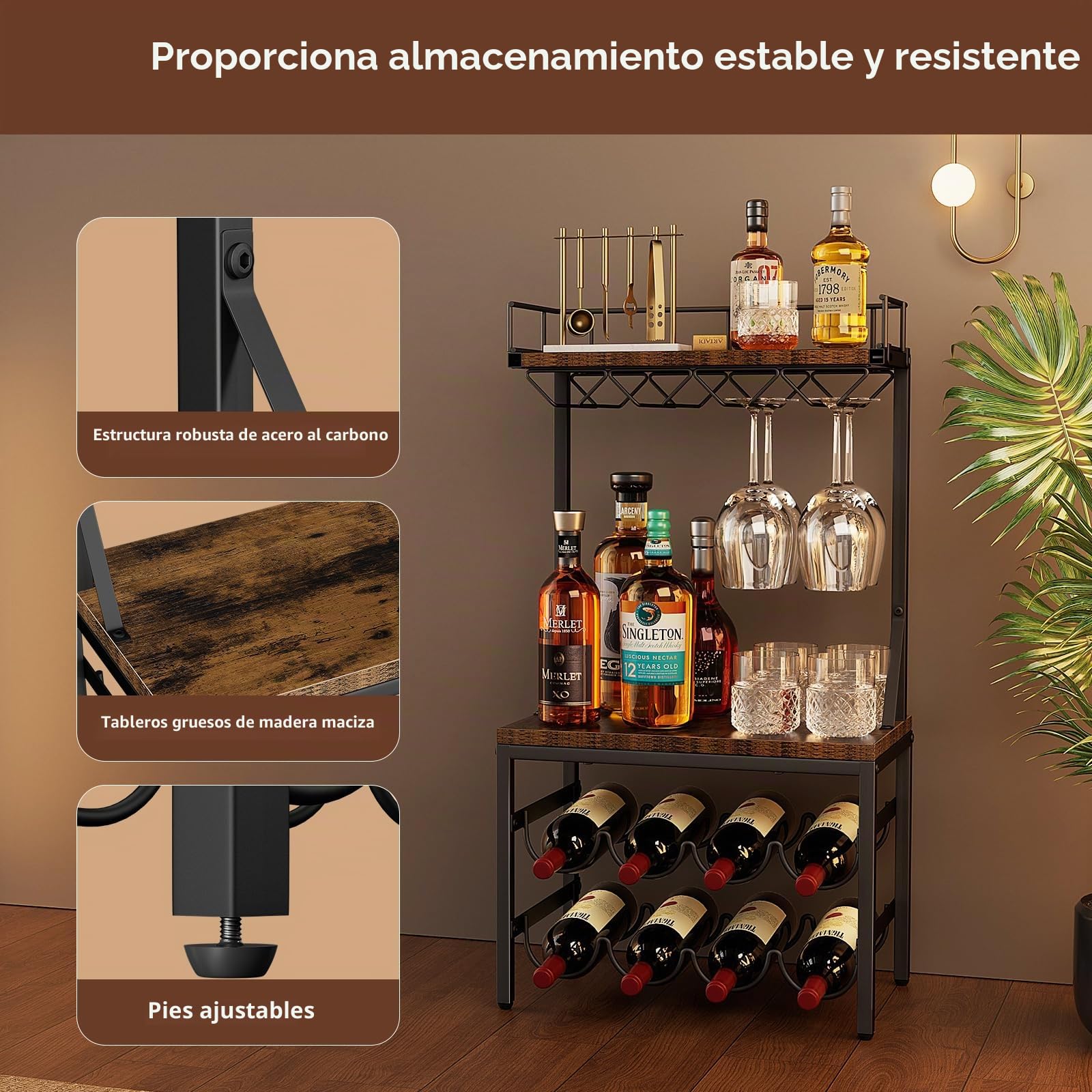 Nuovoware Armario para licores de 3 estantes, Soporte para 8 Botellas, Marrón+Negro
