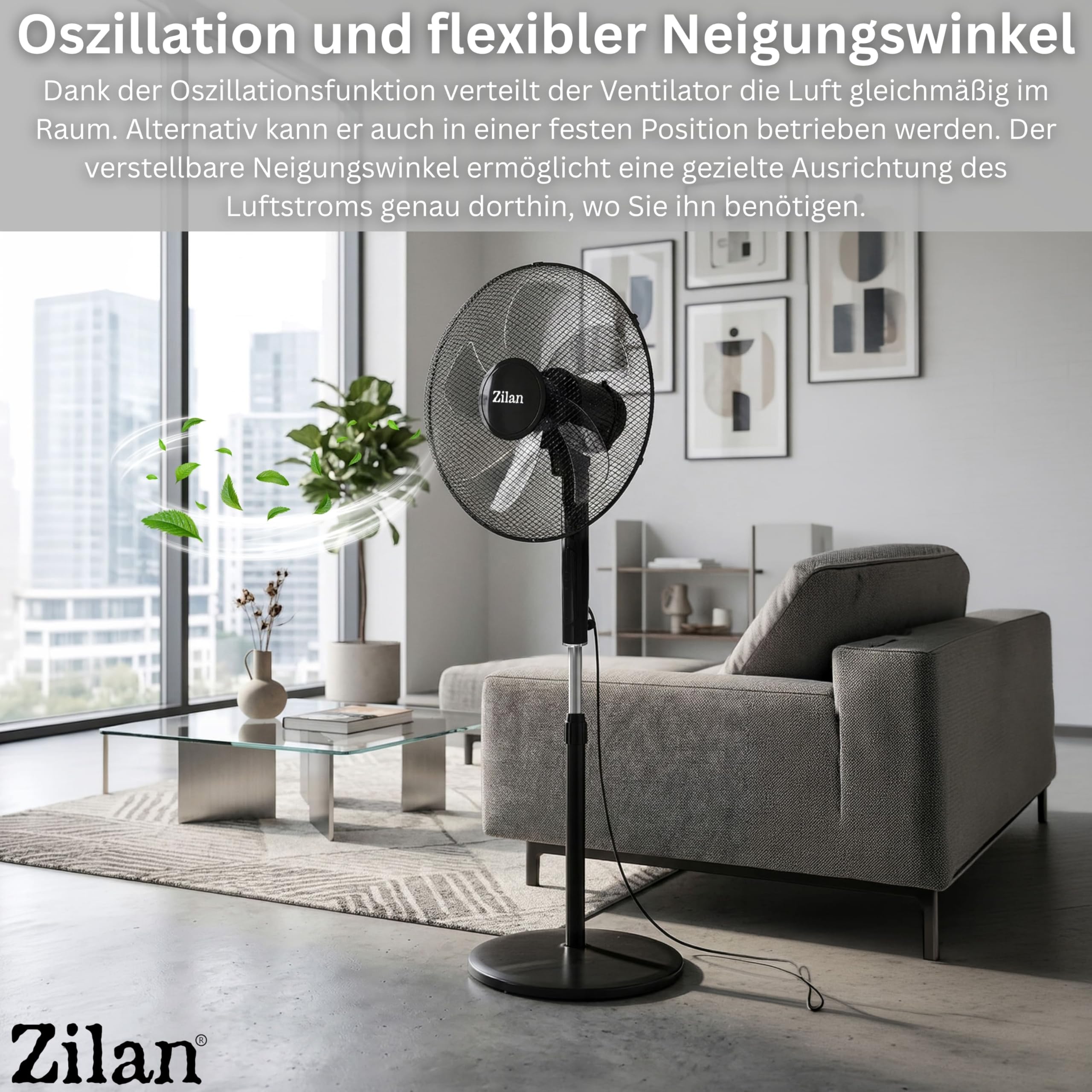 Zilan Standventilator 48W leise mit Fernbedienung Timer Ø43cm 3 Stufen Oszillation höhenverstellbar