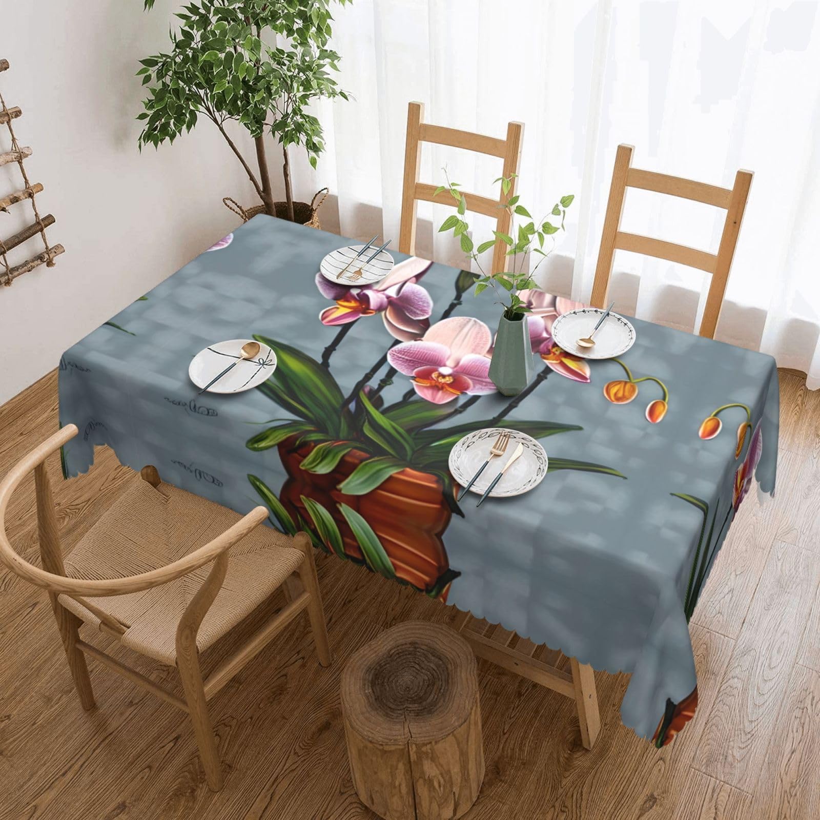 CNTDBU Blooming Orchids Scalloped Edge Tablecloth 54x72-Waterproof Stain Resistant Wrinkle Free Cover, Square Table Cloth for Dining Party