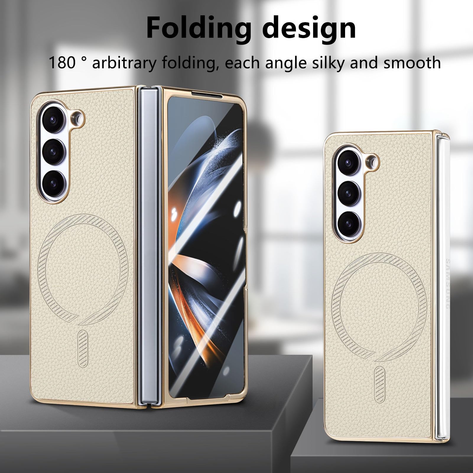 Magnética Funda para Samsung Galaxy Z Fold 6, Galvanoplastia Marco Cuero Carcasa con Pantalla Protección Inalámbrica Carga Estuche,Verde