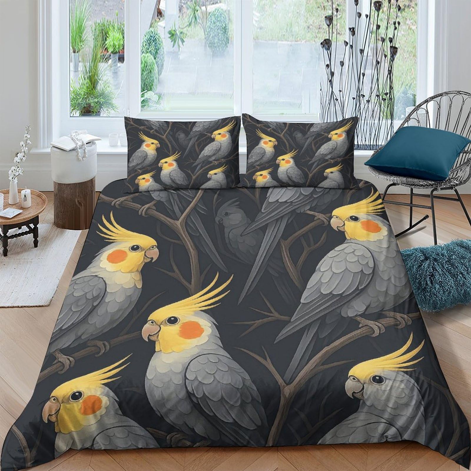 Ctjqhvkz Style-9 3D Printed Cockatiel Bird Fitted Sheet Microfiber Grey Yellow Parrot Bed Cover Non-Slip Bedroom Decor Machine Washable Single（135X200cm）