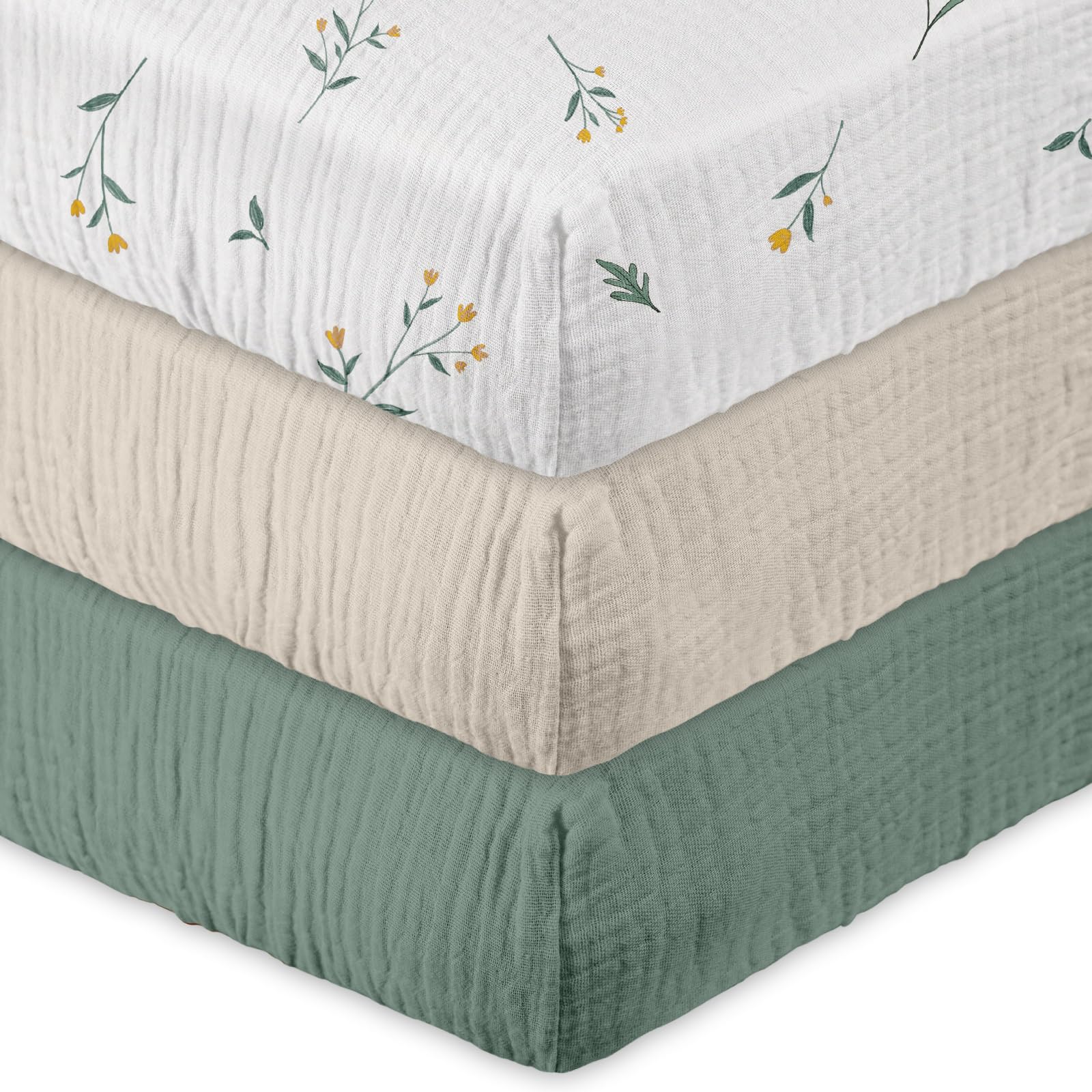 Gllquen Baby Confezione da 3 lenzuola in mussola per mini culla, traspiranti, con angoli, in cotone morbido e accogliente, per neonati e ragazze, con angoli universali, 96 x 66 cm (verde)