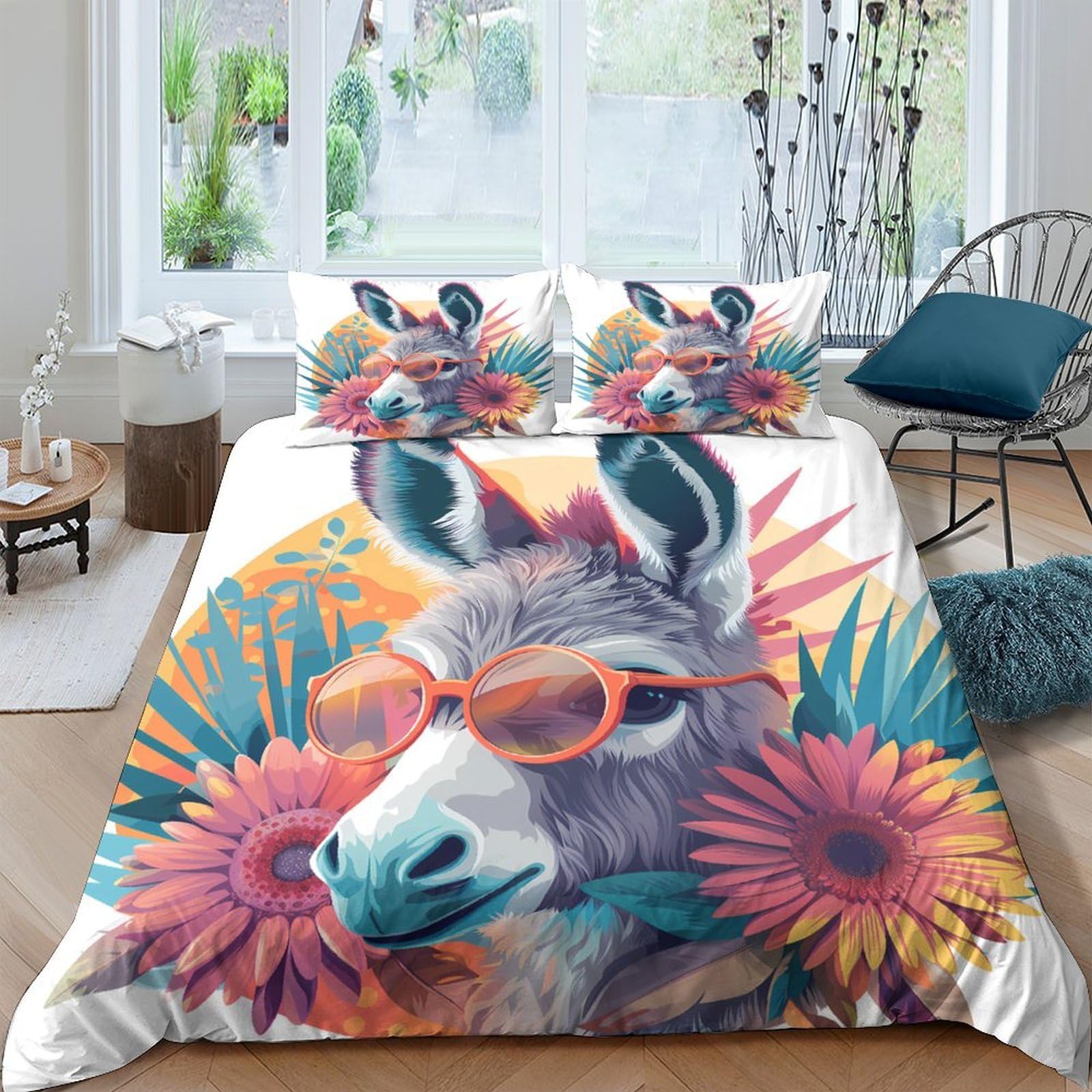 Ctjqhvkz Style-4 3D Printed Donkey Sunflower Fitted Sheet Microfiber Soft Orange Animal Bed Cover For Bedroom Dorm Mattress Decor Single（135X200cm）