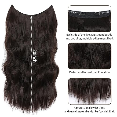 Miniatura 3 de Extensiones de cabello castaño oscuro, cabello ondulado con alambre invisible con diadema transparente de tamaño ajustable, 2 clips de seguridad,