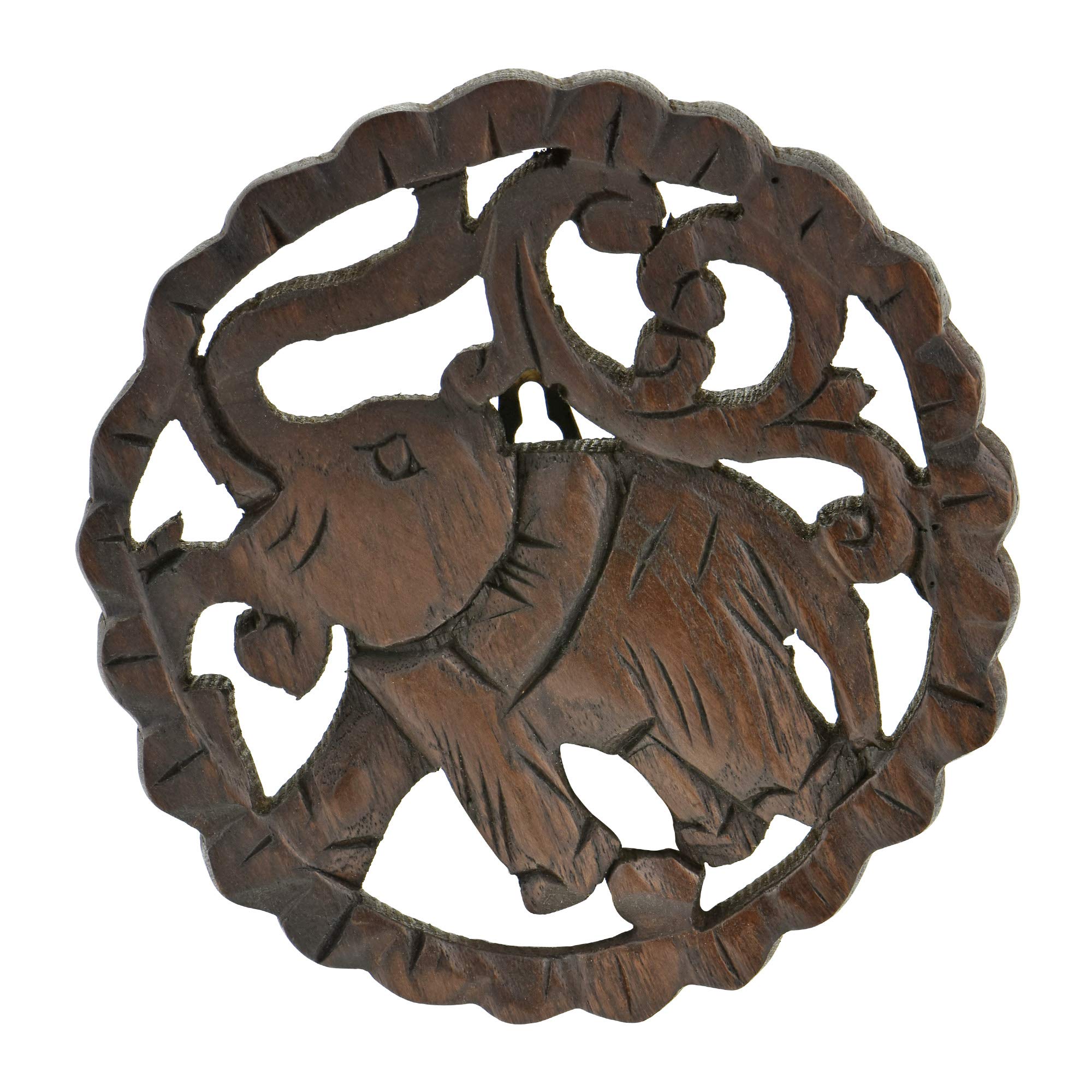 AeraVida Powerful and Majestic Elephant Hand Carved 6-inch Round Teak Wood Wall Art | Hand Carved Wood Wall Art | Decorative Wood Wall Art | Elephant Animal Wood Wall Art | Wall Art Decor
