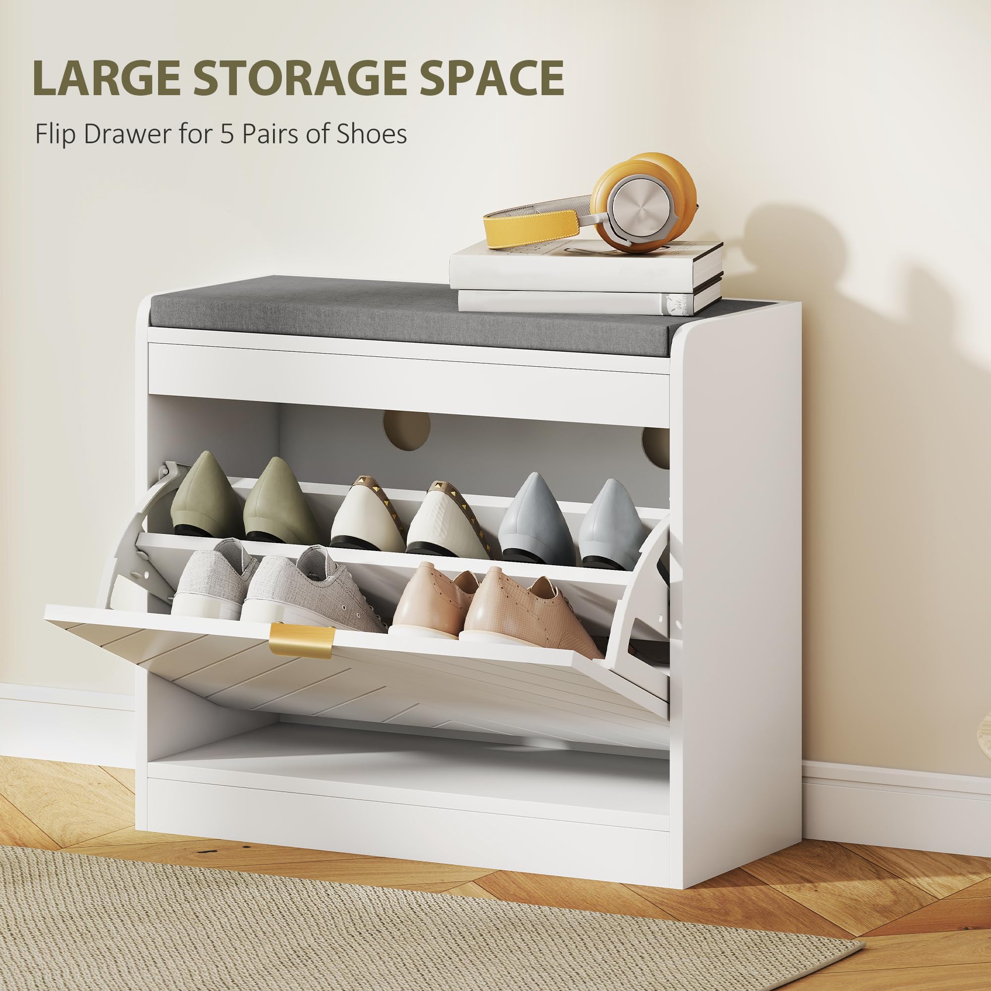 HOMCOM Banco Zapatero Estrecho 1 cajón abatible, 5 Pares, Blanco | 4 ventilaciones, entrada, pasillo, cojín