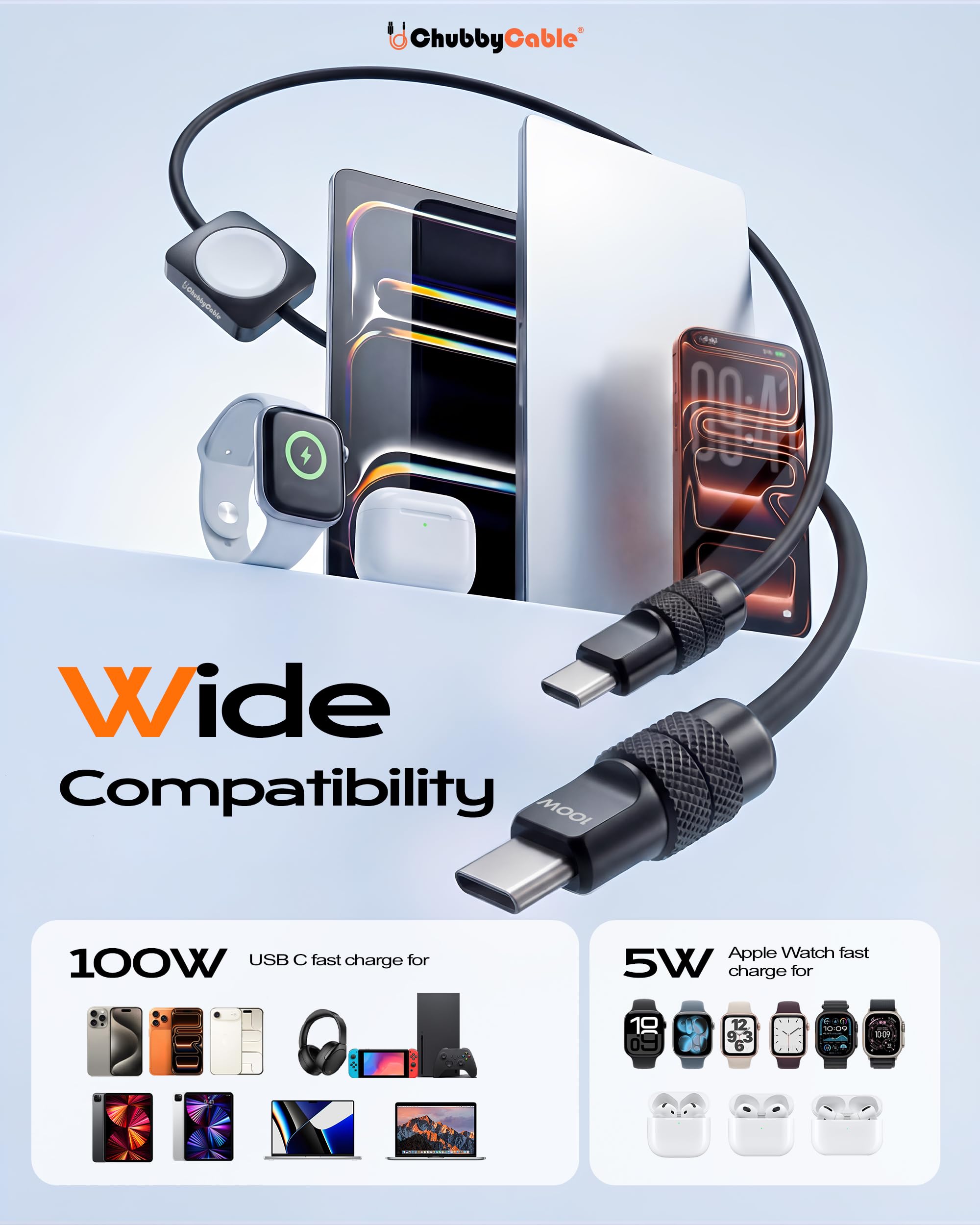 chubbycable Solo-Flex - Cavo USB-C 2 in 1, 100 W, ricarica rapida, 5 W, per Apple Watch, caricabatterie da 1,2 m, in silicone, compatibile con iWatch, AirPods, iPhone, iPad, MacBook, colore: nero