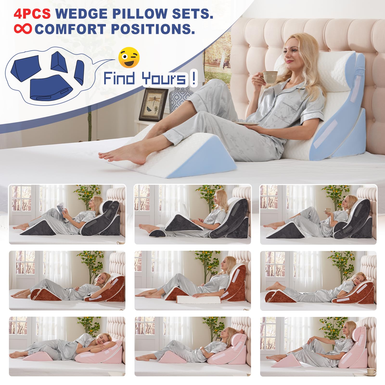 Juego de 4 almohadas de cuña para dormir, almohada ortopédica para después de la cirugía, soporte de espuma viscoelástica ajustable para sentarse en la cama, dolor de espalda, ERGE, alivio de