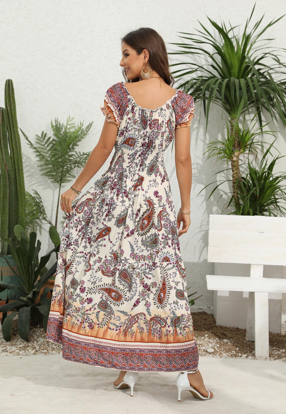 OSTOO - Vestido Largo de Verano para Mujer, Estilo Bohemio, con Estampado Floral, Escalonado, Informal, con Vuelo