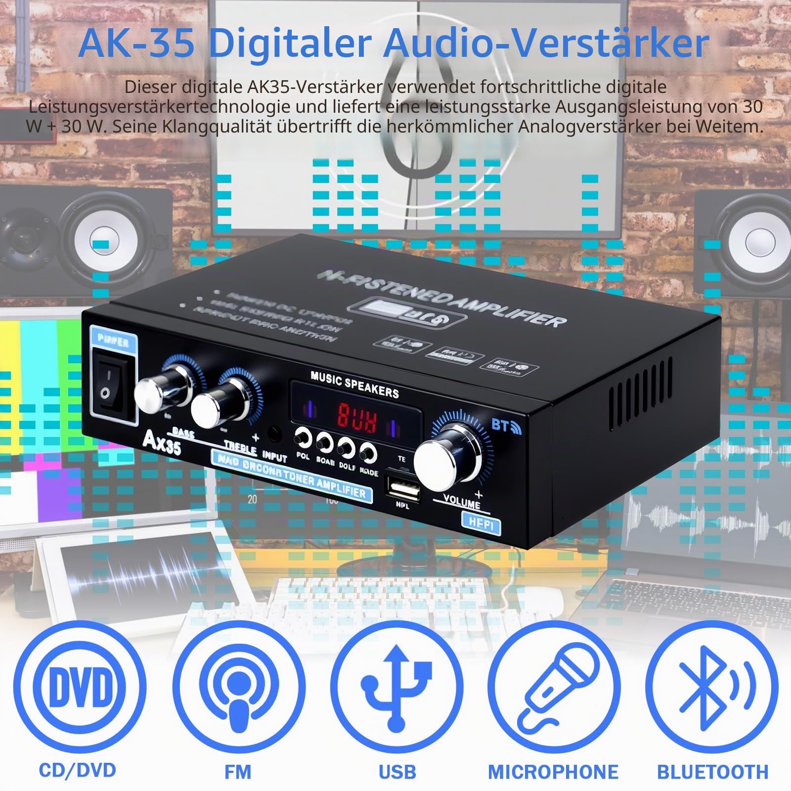 AK35 Digitalverstärker: AK35 HiFi-Verstärker, Bluetooth 5.0 Mini Verstärker, AK35 Mini Bluetooth Stereo-Verstärker Receiver, Zweikanal-Verstärker für TV, Mikrofon, Karaoke, Heimkino, Radio