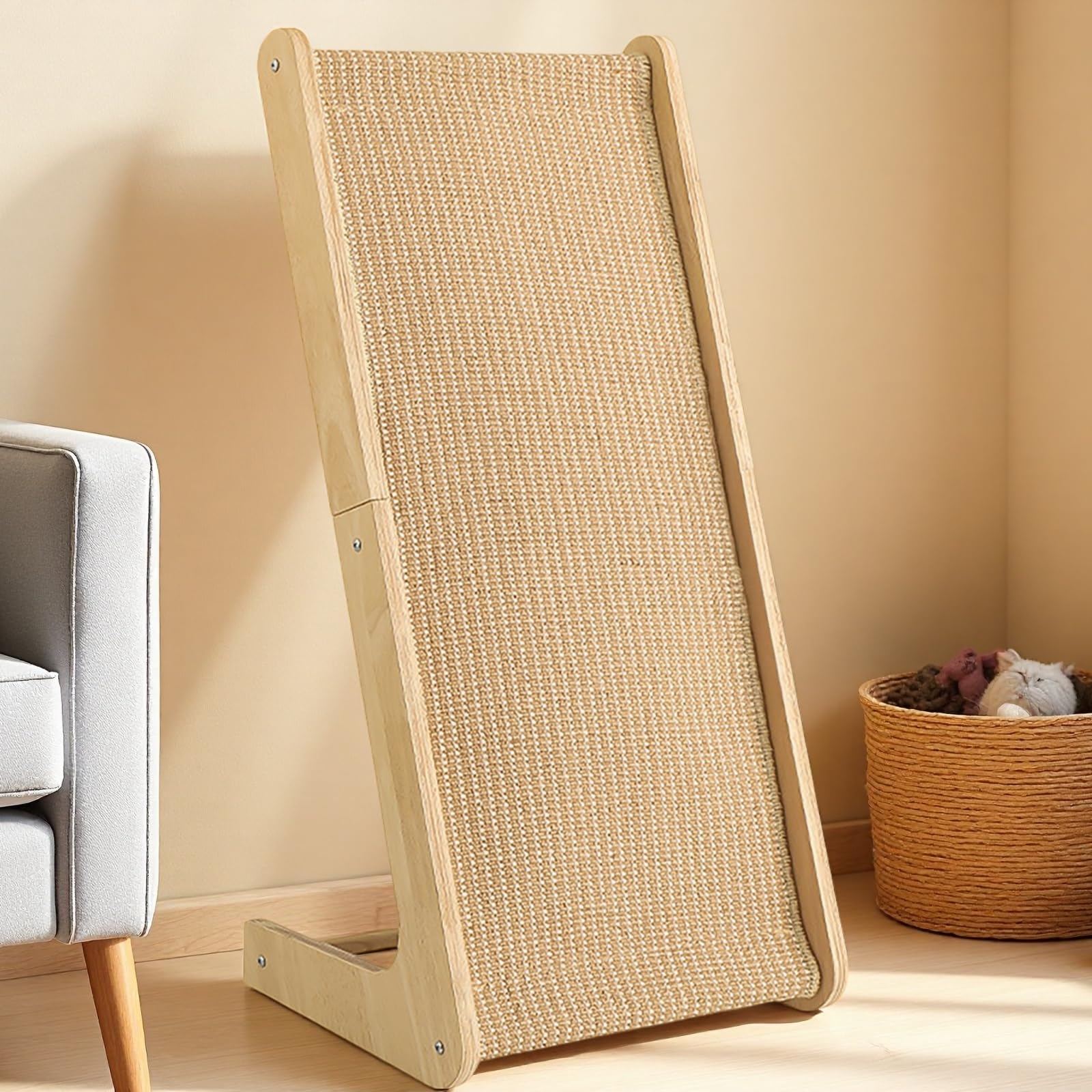 Tabla rascadora para gatos en forma de L con marco de madera maciza, almohadilla grande de sisal de 28.2 pulgadas, almohadilla de rascado reemplazable para gatos para tumbarse o estar de pie, ayuda a