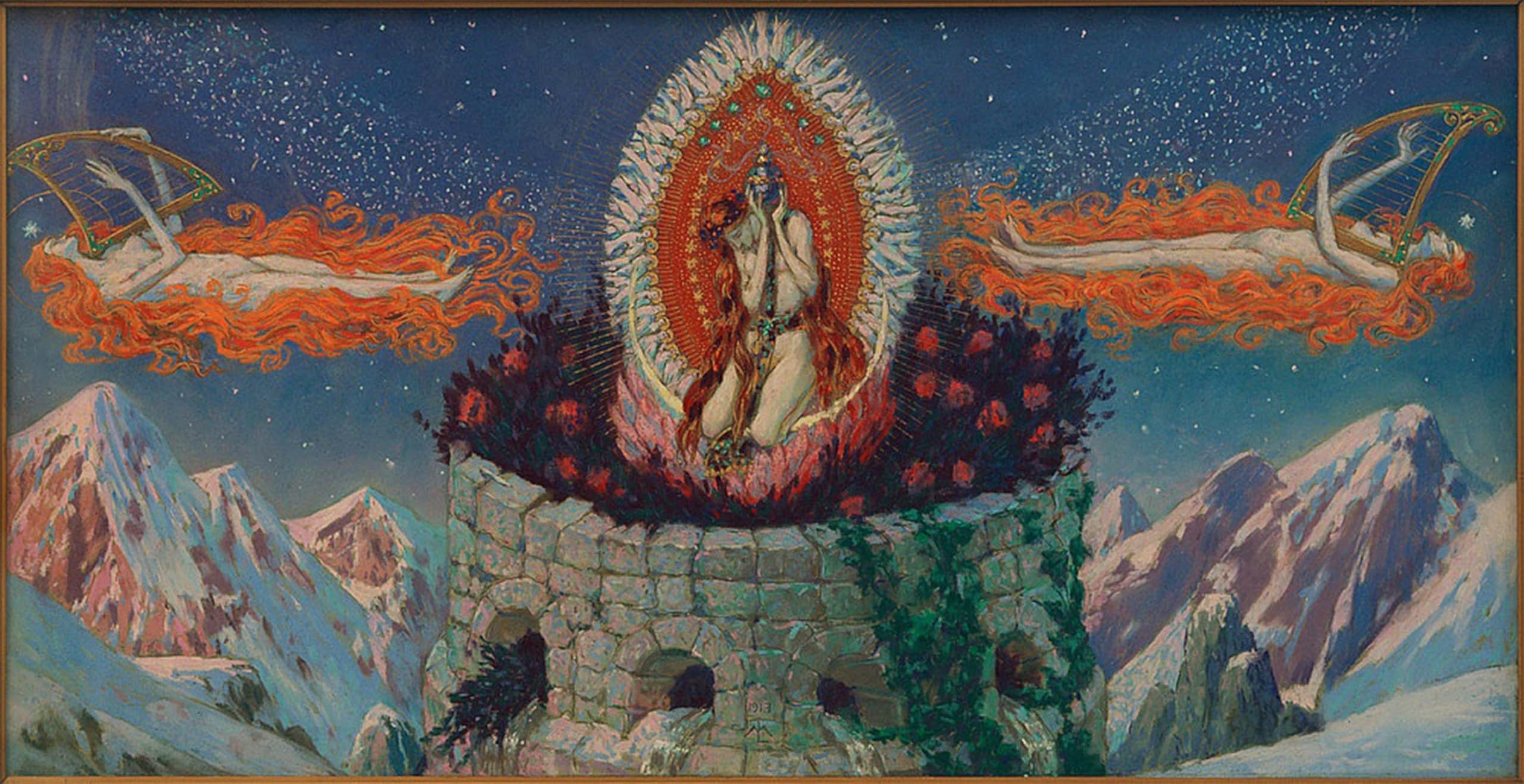 SERENDIPITP Vintage Picture Print on Canvas Wall Art Poster Holy Tower in the Mountains with the Four Sources of the Life Streams by Melchior Lechter Artwork Print Poster for Wall Decor 60x90cm
