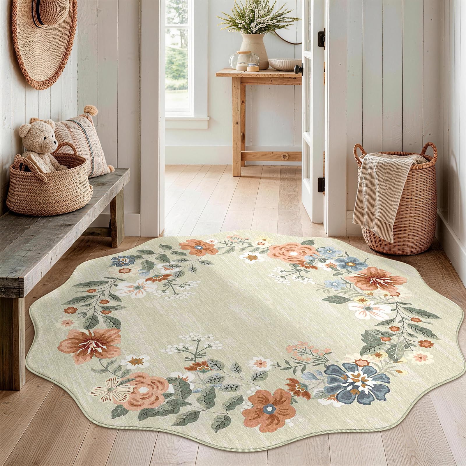 SOANNY Round Rug Living Room, Soft Washable Non Slip, Beige, 160cm