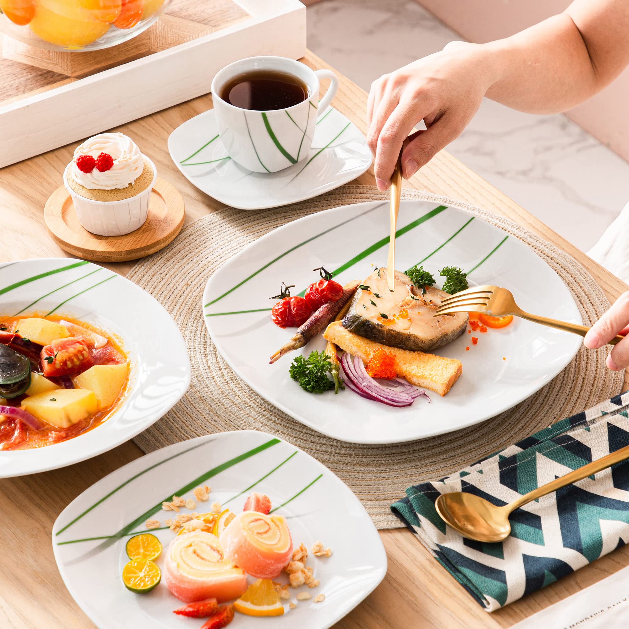 VEWEET VCW-AV02, Aviva Tafelservies van porselein, 24-delig, serviesset bevat mueslikommen, dessertborden, eetborden en soepborden, servies voor 6 personen,24-delig tafelservies VEWEET VCW-AV02, Aviva Tafelservies van porselein, 24-delig, serviesset bevat mueslikommen, dessertborden, eetborden en soepborden, servies voor 6 personen,24-delig tafelservies
