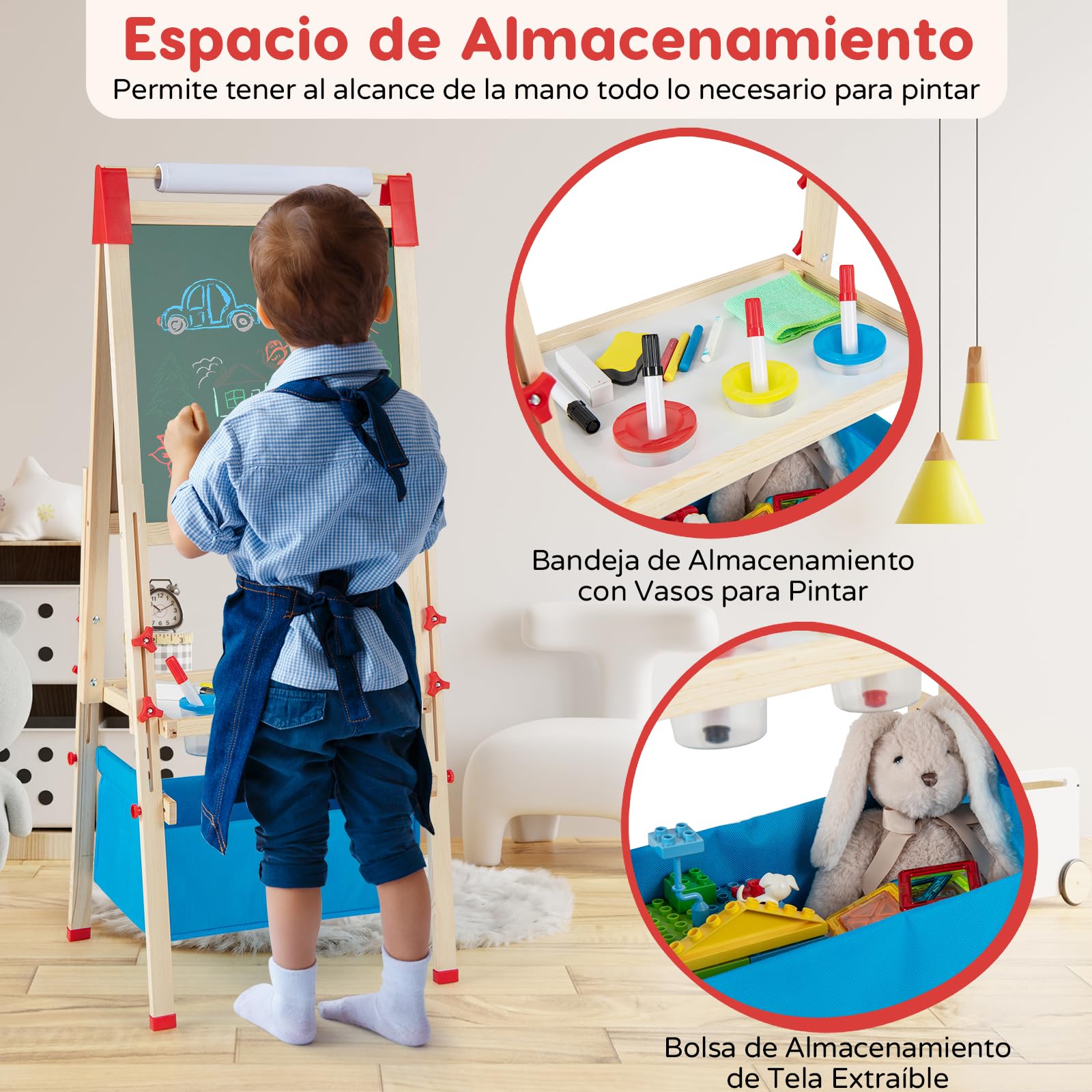 RELAX4LIFE 3 en 1 Caballete Pintura Infantil con Pizarra Magnética, Pizarra Blanca, Rollo de Papel y 56 Accesorios de Pintura, Pizarra Infantil Caballete con Altura Ajustable para Niños 3-8 Años