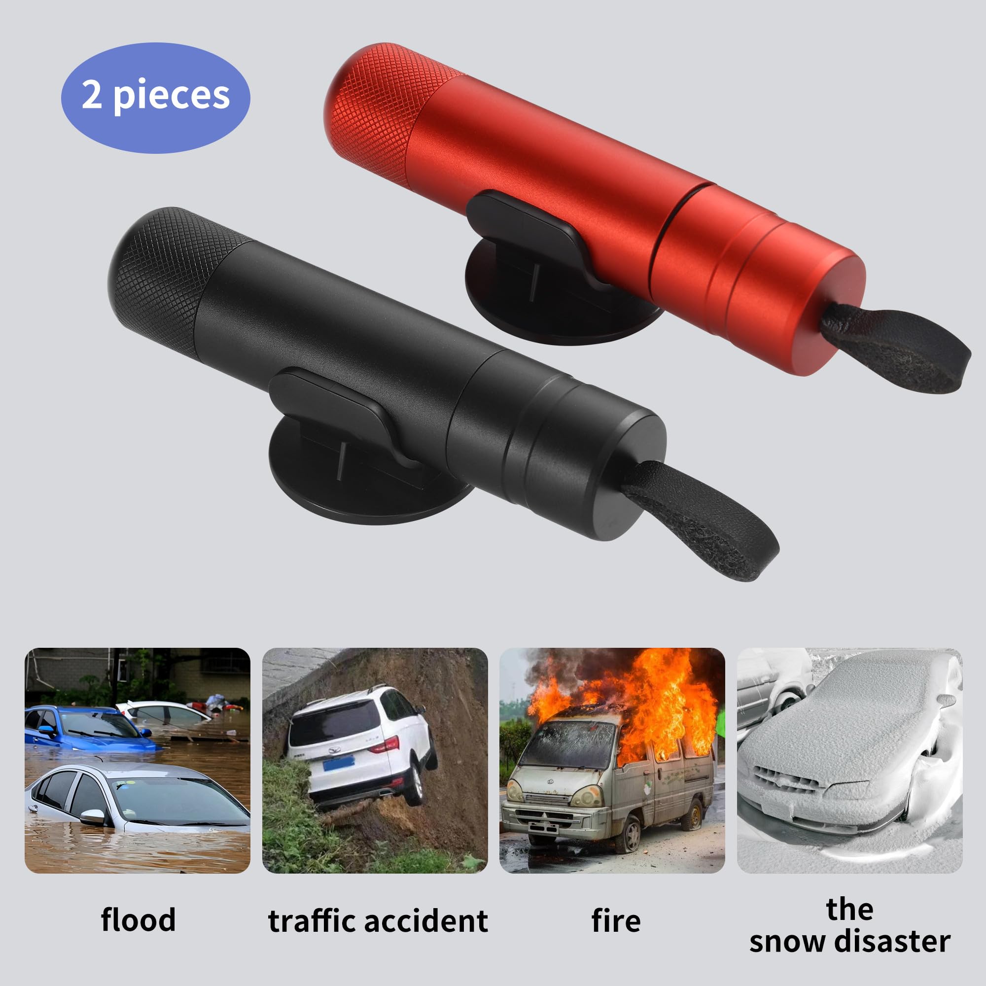 Martillo De Emergencia 2 En 1 Para Coche - Rompe Cristales Y Corta Cinturón, Incluye 2 Unidades Con Soporte
