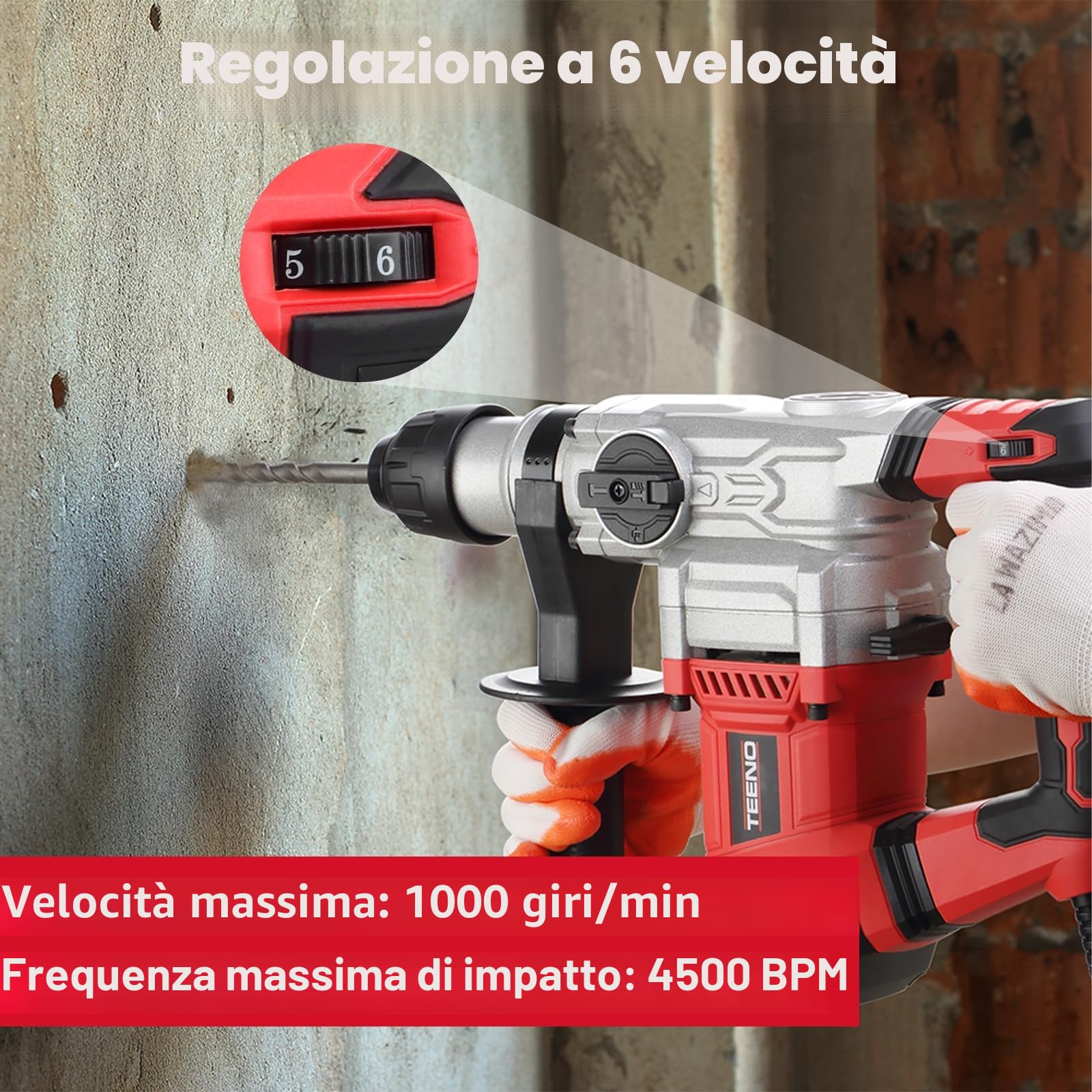 TEENO Martello Demolitore SDS-Plus 1500W, Martello Perforatore 7J, 4 Modalità, 1000RPM, 4500BPM, Cavo da 2 Metri, Frizione di Sicurezza e Tecnologia Antivibrante