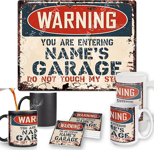 Miniatura 2 de ADVERTENCIA YOU ARE ENTERING EDDIE'S GARAGE - Letrero chic personalizado, estilo rústico, vintage, tazas retro, cocina, bar, pub, cafetería,