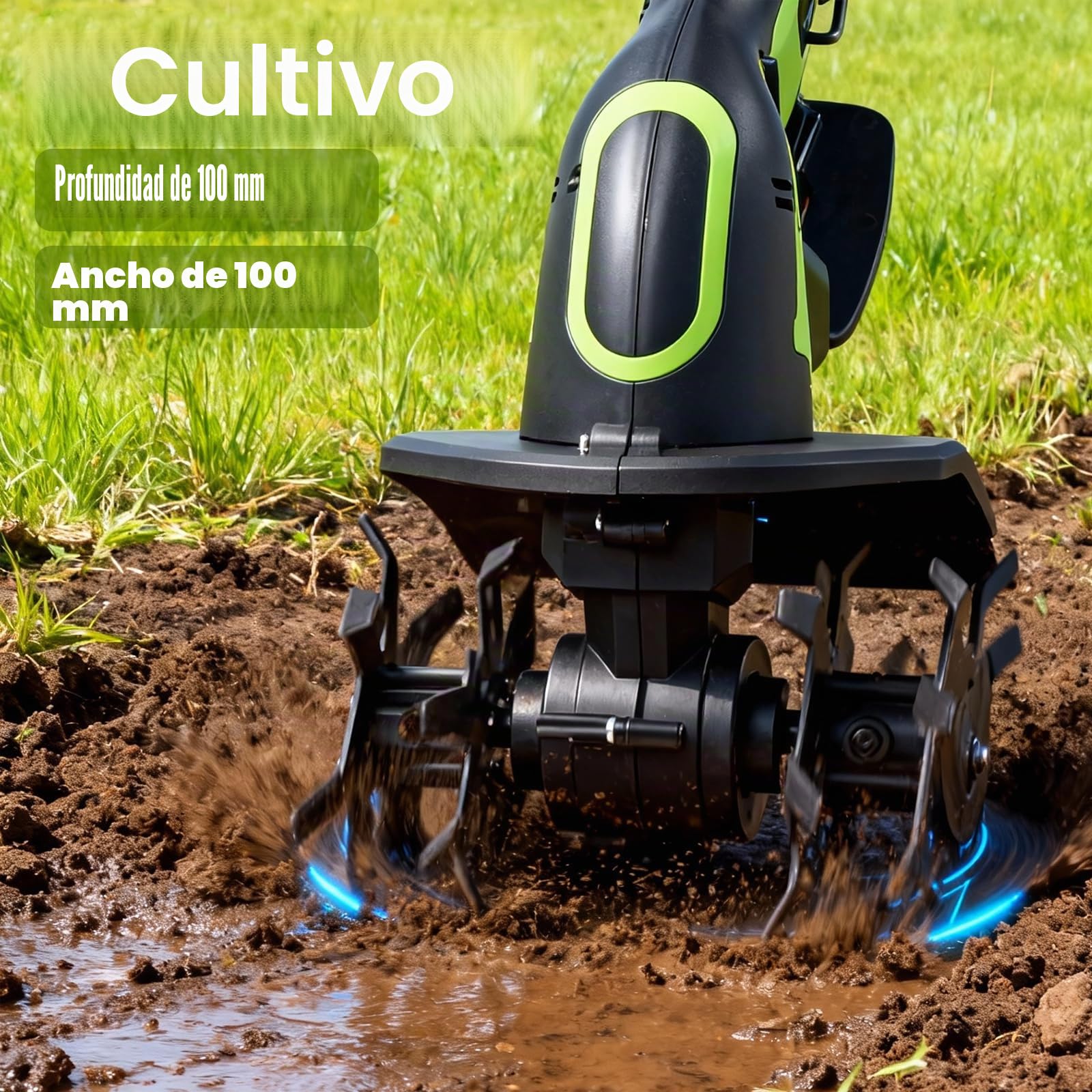 Motoazada Eléctrica, 21V a Batería–Azada Rotativa con 2 Baterías de 3000mAh, 4 Cuchillas Metálicas 65Mn, Ancho/Profundidad de Trabajo 10 cm, 235 RPM–para Escarificar y Airear el Jardín