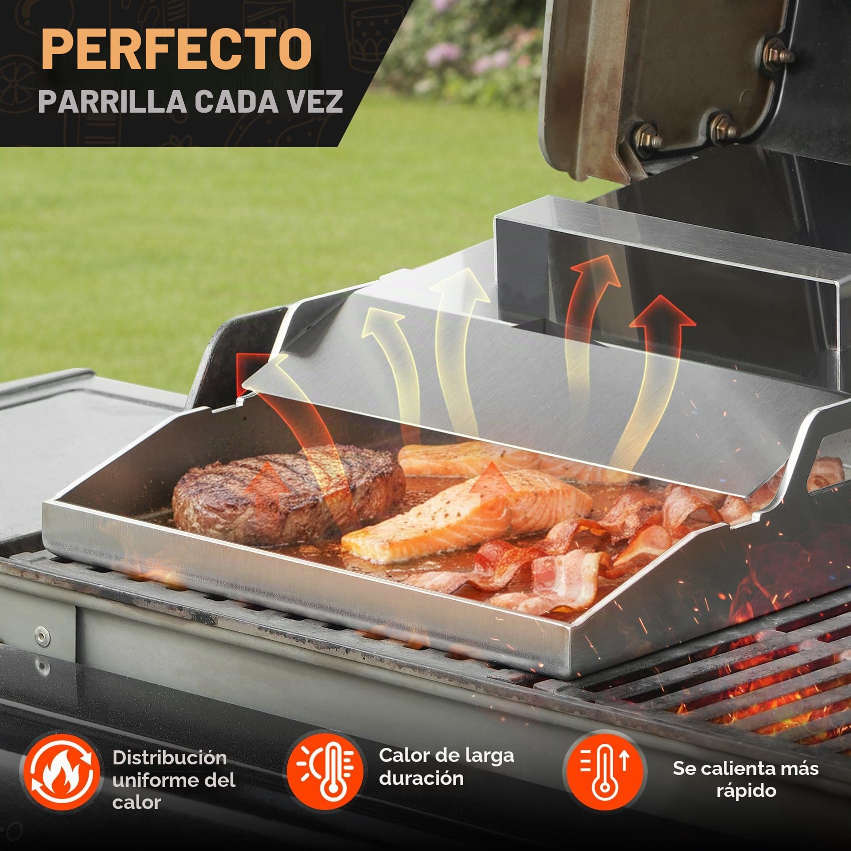 Onlyfire Plancha para Barbacoa 40x30cm de Acero Inoxidable, Plancha Grill con Tapa y 2 Espátulas, Universal, 40x30cm, para Parrillas de Gas y Camping