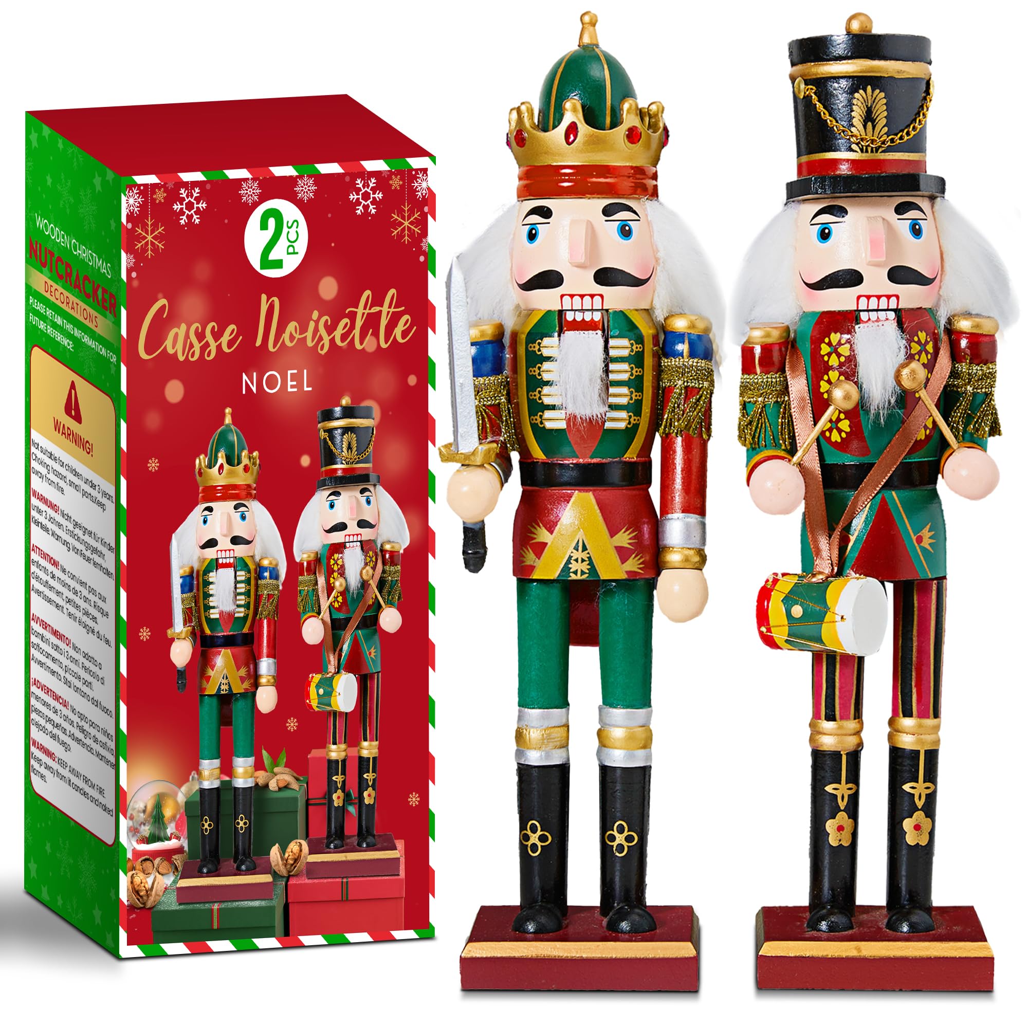 Soldat Casse-Noisette Décoration Noël Traditionnel - 2 Figurines Casse-Noisette Noël en Bois, 30 cm pour déco de Table, Pied de Sapin, crèche, cheminée, Nutcracker Christmas