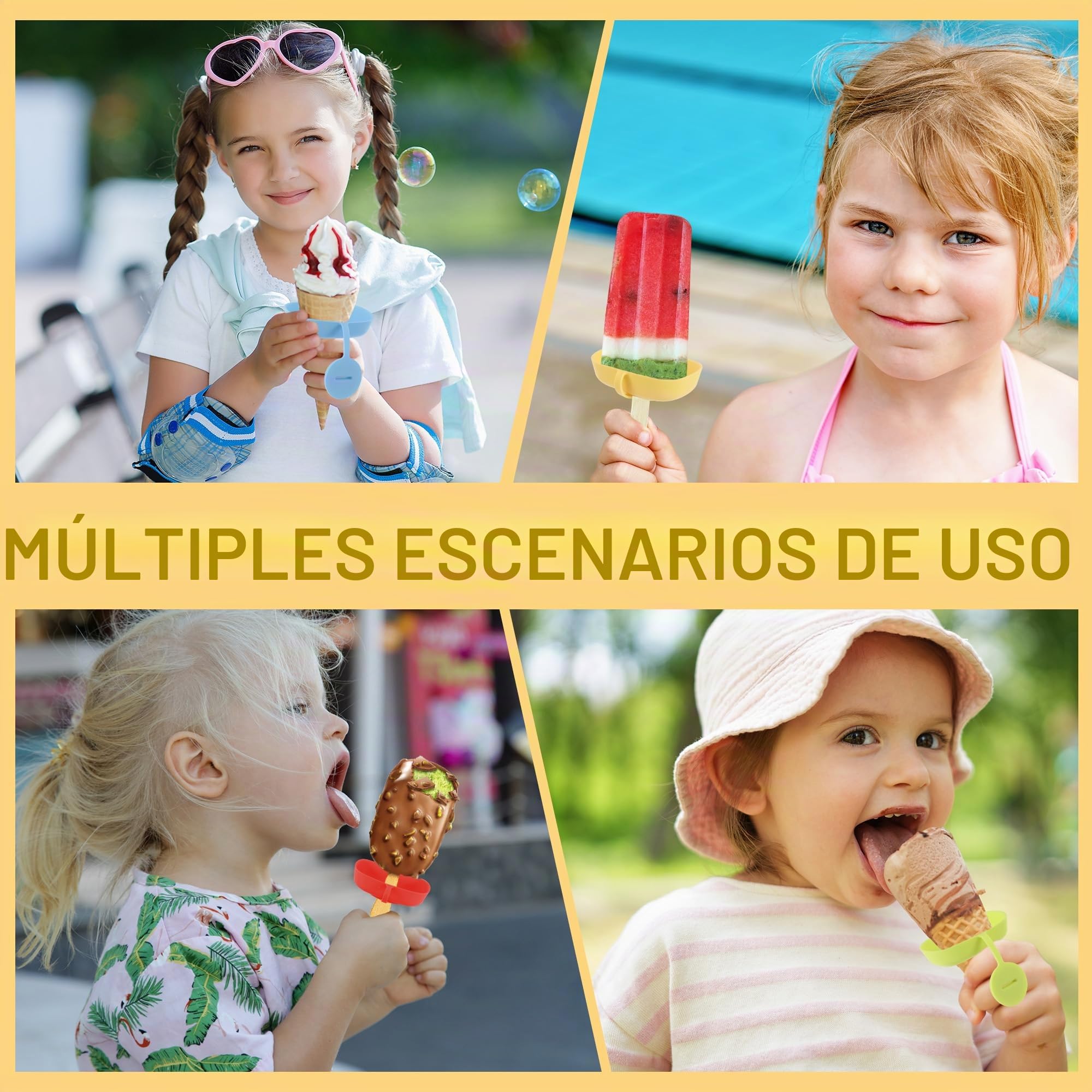 4 Piezas Soporte para Helado Antigoteo, Soporte para Paletas Reutilizables con Caja de Almacenamiento, Porta Paletas de Silicona para Niños para Conos de Helado(Rojo, Verde, Azul, Amarillo)