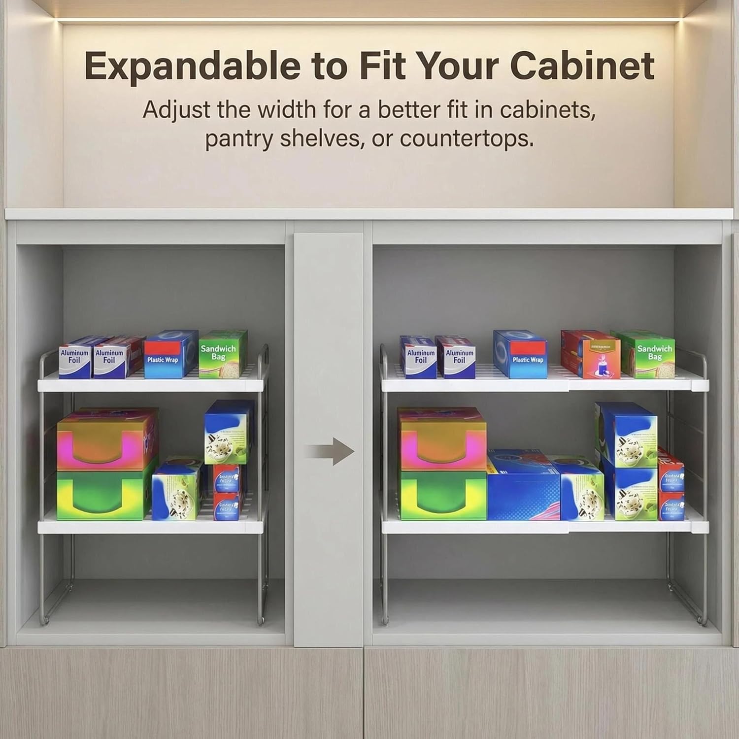YAN & HIN Title 2 Pack Expandable Cabinet Organizer Shelf, 3-Tier Kitchen Cabinet Organizer for Tupperware & Food Container Storage, Adjustable Pantry Shelf Organizer for Bottles, Lids & Countertop