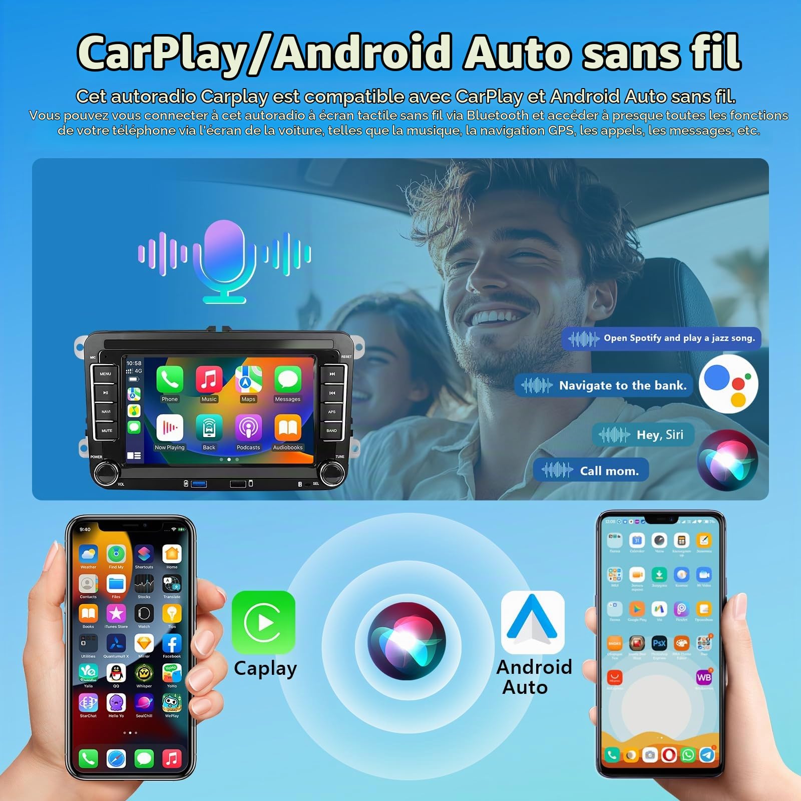 Autoradio pour VW Golf 5 Tiguan Touran Passat Polo Skoda Caddy Seat avec Carplay sans Fil Android Auto 2+64G 7" Écran Tactile Navi/WiFi/FM/RDS/SWC/Canbus/Bluetooth/EQ+Caméra AHD+Microphone