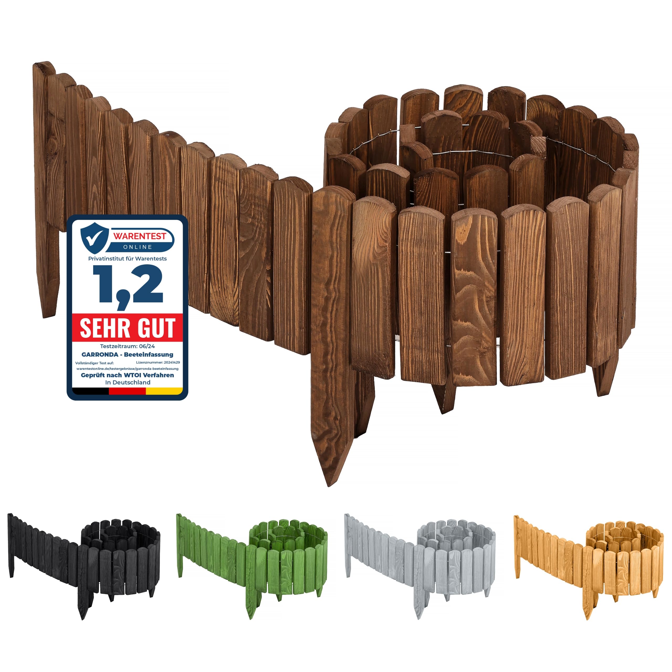 Garronda Rasenkante Beeteinfassung aus Holz flexibel 200 x 10 cm Rollborder für Rasen und Beet Beetumrandung und Beetbegrenzung Gartenzaun zum Stecken Holzzaun GD-0046 (Dunkelbraun)