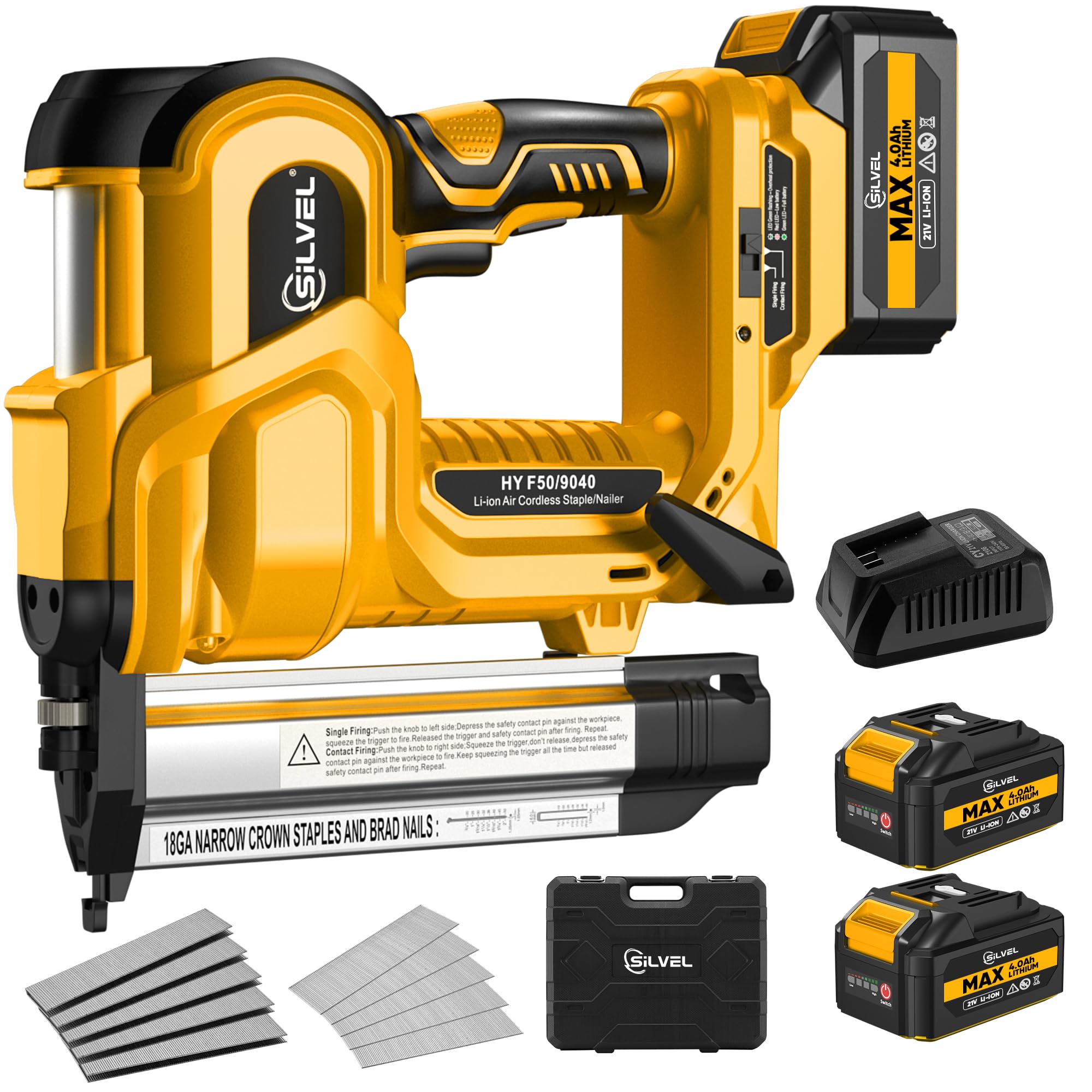 SILVEL 2-in-1 Cordless Brad Nailer & Stapler - 21V, 2*4.0Ah Batteries, 1000 Nails/Staples, Adjustable Depth, For Woodworking & DIY