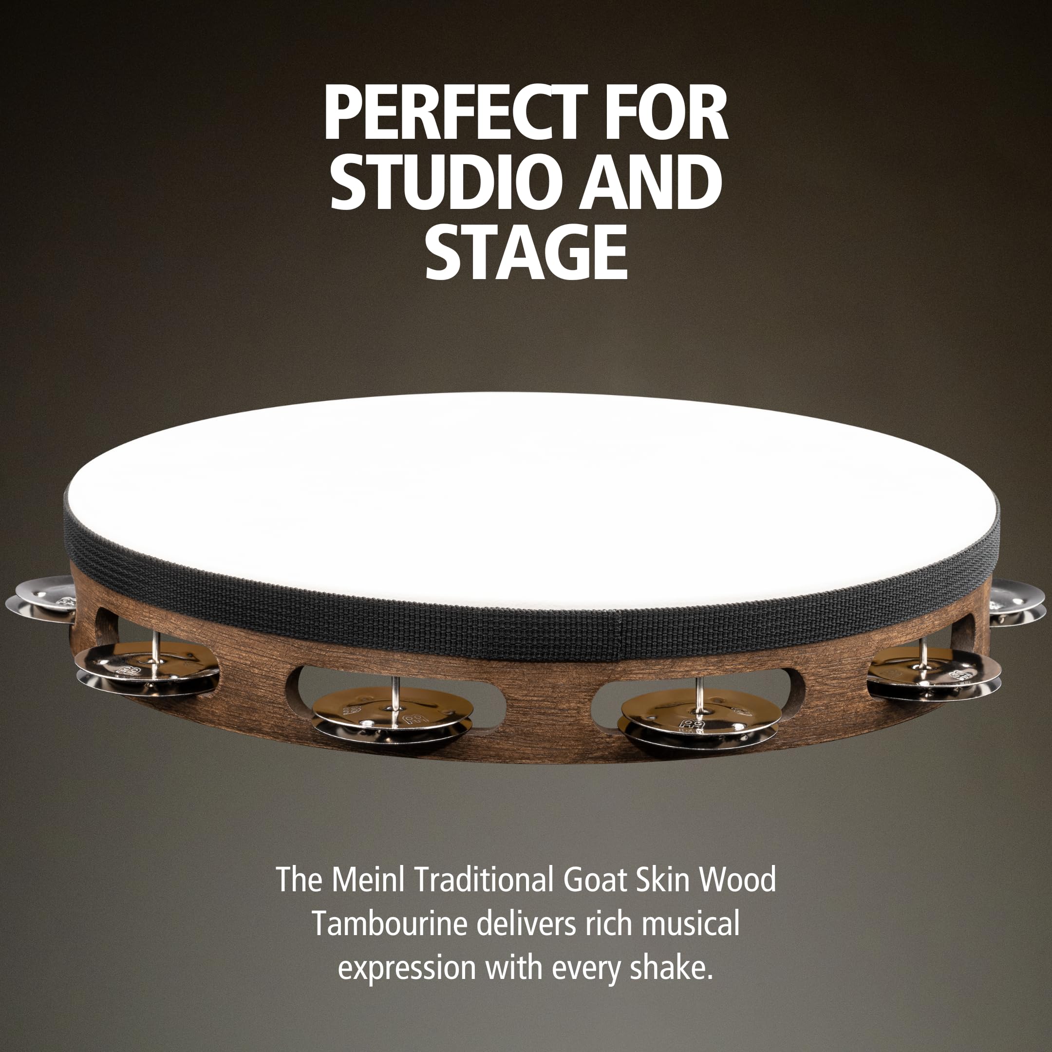 Meinl Percussion Traditional Goatskin Wood Tambourine, Braun (TAH1WB) | Tamburin mit 1 Reihe Jingles, Durchmesser 10 Zoll, mit Ziegenfell, Holz und Stahl