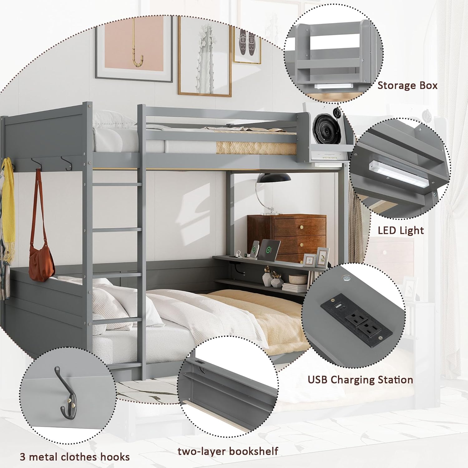 مفصل view of the Polibi Queen Size Bunk Bed showing the USB charging station, LED light, storage box, two-layer bookshelf, and metal clothes hooks.