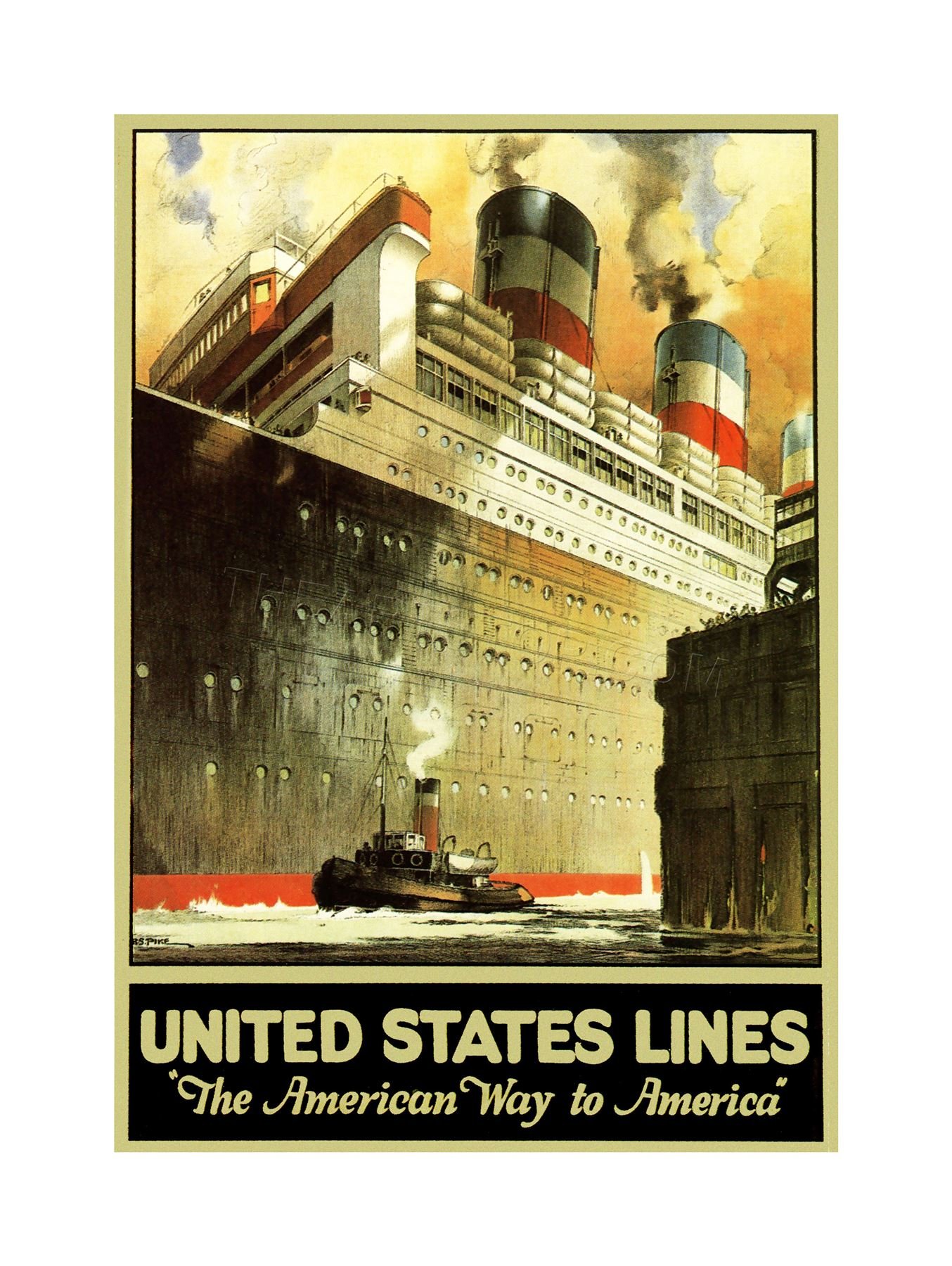 Wee Blue Coo Travel Us Lines Cruise Liner Ship Dock Ocean Tug Boat Wall Art Print