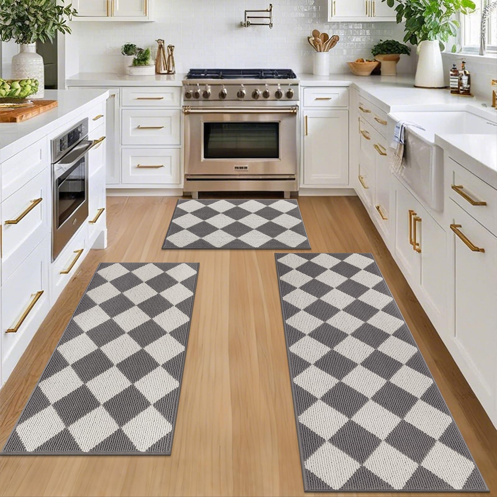 SHACOS 3 Piece Checkered Kitchen Runner Rug Washable Non Slip Kitchen Rug Set Indoor Floor Carpet Doormat, Hallway Entryway Runner Rug for Laundry, Bathroom, Living Room