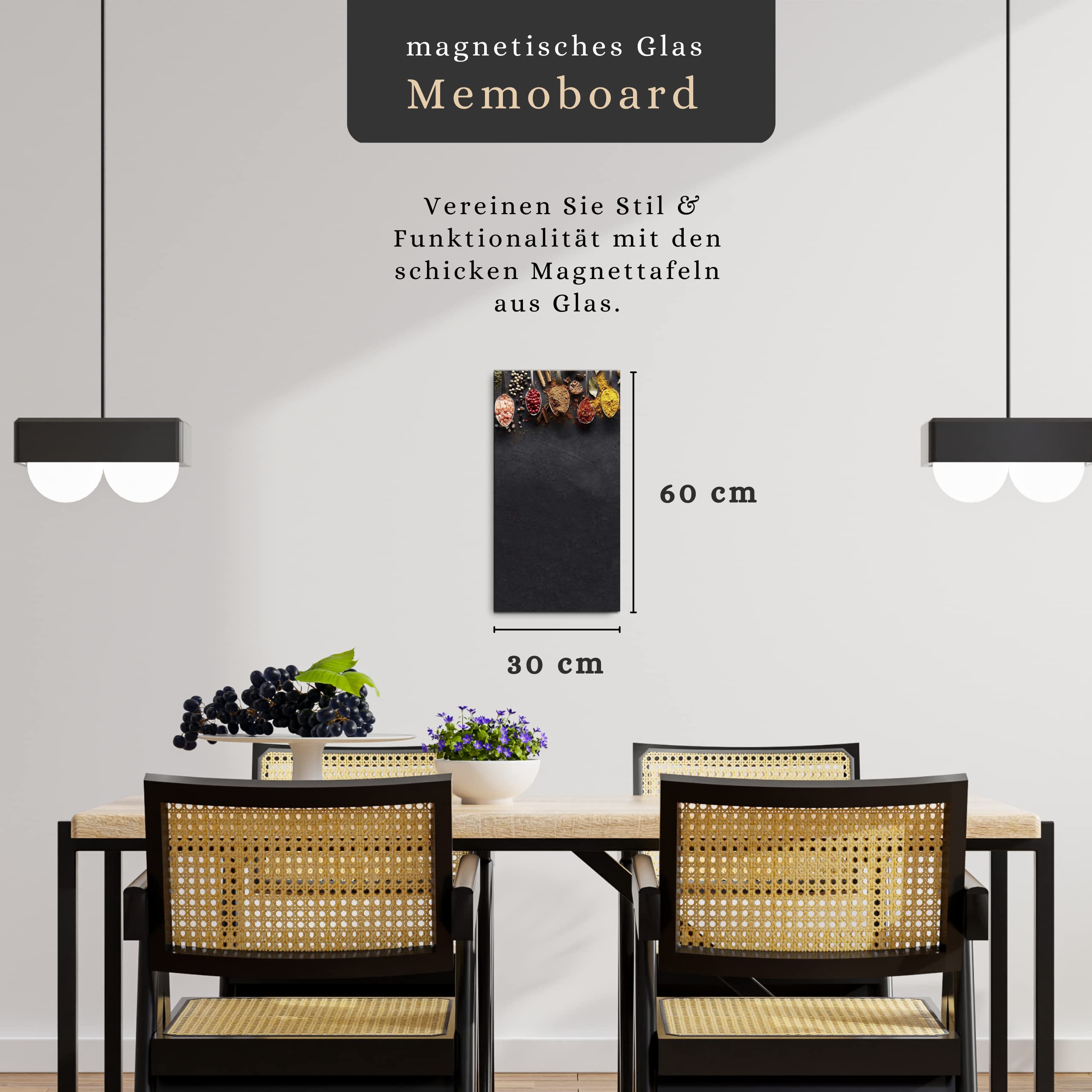 Memoboard Magnettafel Magnetpinnwand Magnetboard | Magnetwand hochkant zum Beschriften | Glas Küche rot schwarz Gewürze Küchenbild | nur für extra starke Magnete geeignet | Dark Spoons, L (30 x 60 cm)
