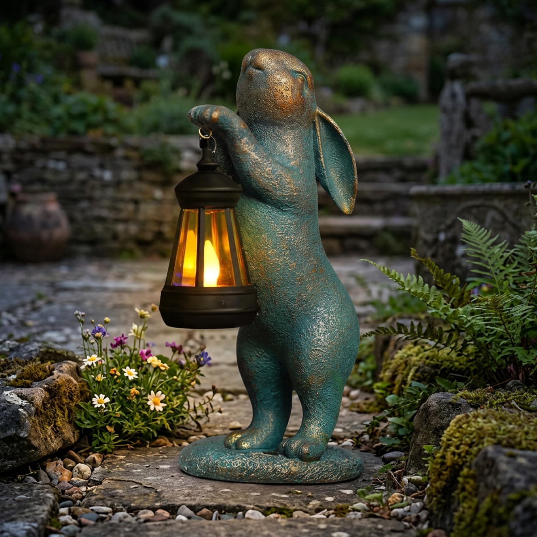 Faticenic Solar Garden Statues - Vintage Rabbit Statue with LED Lantern, Outdoor Bunny Statue for Patio, Yard, Garden Decor, Auto On/Off, Rabbit, Décor