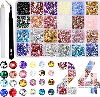 Hotfix Rhinestones Mixed 24 Colors Kit, Hotfix Crystal Flatback Rhinestones for Bedazzling Clothes Crafts Nail Art, SS12-SS16, 3-4mm with 1 Tweezer, 1 Wax Pencil