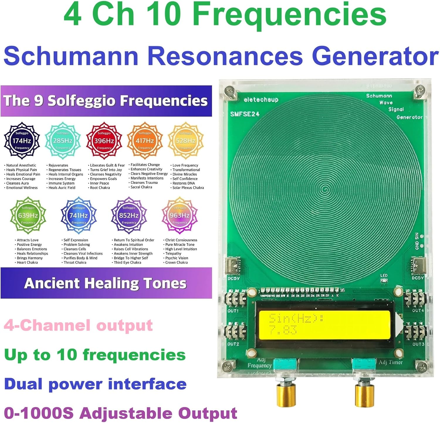 4CH 10 Frequency Sequential Output Timed Sequential Intermittent Mode 0.01-100KHZ Pulse Schumann Resonances Generator