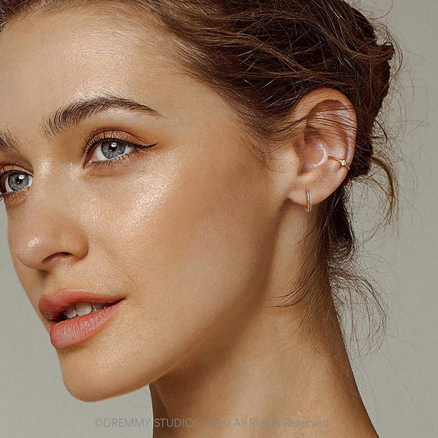 Dremmy Studios Dainty CZ Huggie Hoop Earrings 14K Gold Plated Chunky Simple Cute Thick Round Frill Bead Ball Starburst Cuff Earrings Cubic Zirconia Hoop Earrings Minimalist Personalized Gift for Her - Image 2