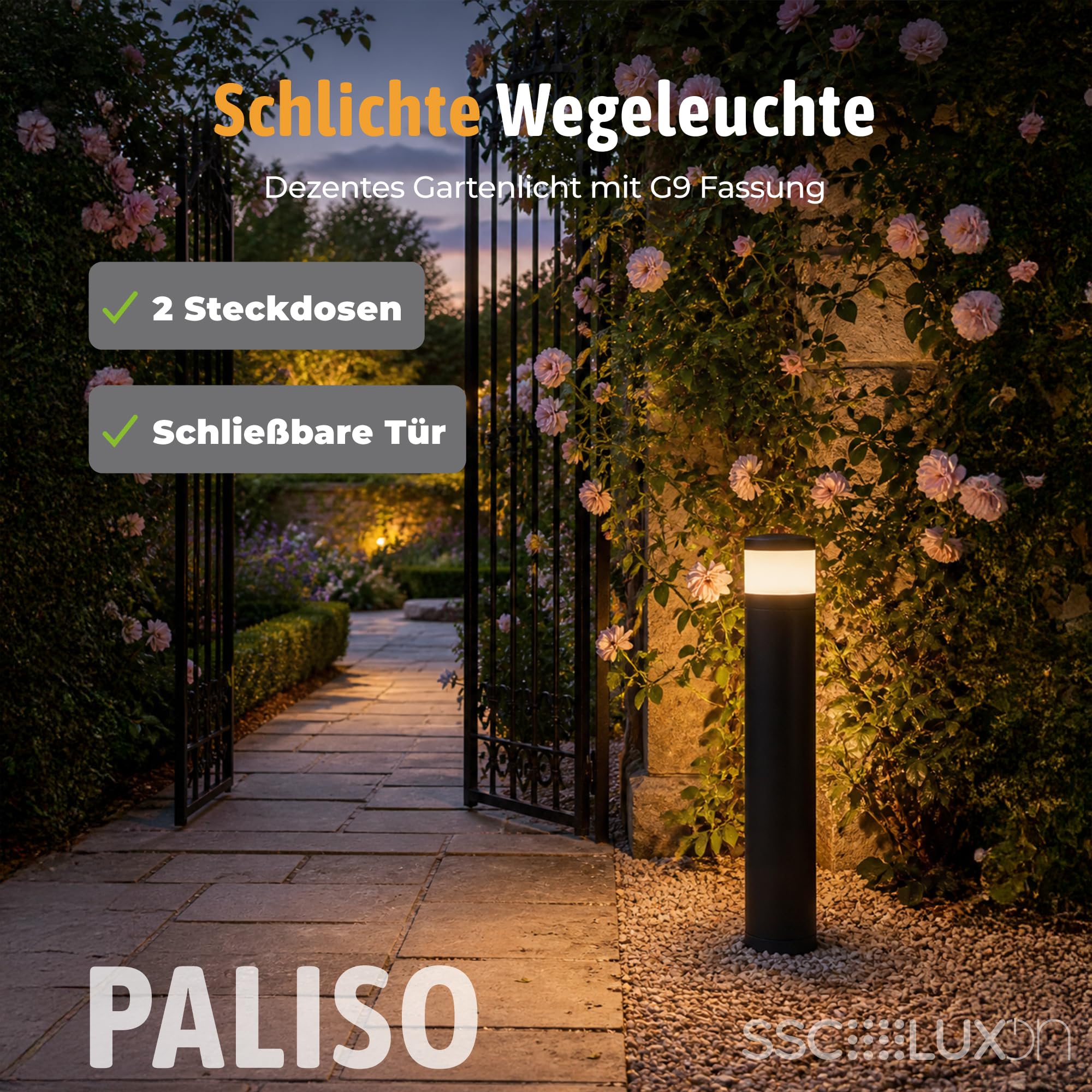 SSC-LUXon PALISO Steckdosensäule mit Licht schwarz IP44 Edelstahl - Außensteckdose mit 2 Steckdosen & G9 Fassung - Pollerleuchte für Garten & Terrasse