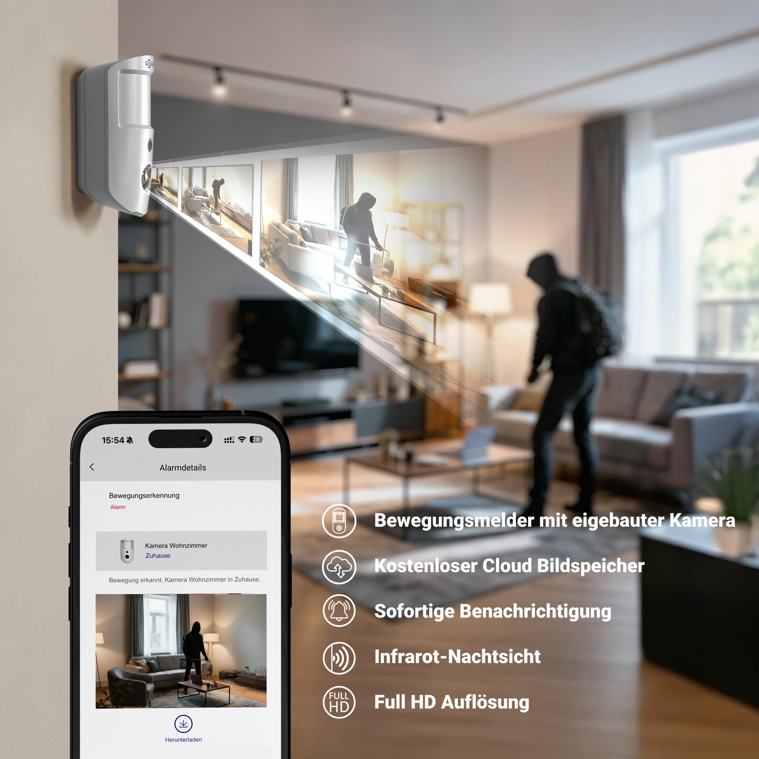 GOLIATH AirShield Alarmanlage Set, Funk 868 MHz, Alarmanlage mit Kamera Bewegungsmelder, App Steuerung, Tür Fensterkontakt, Innensirene, Keypad RFID, Einbruchmeldeanlage Haus oder Wohnung, Starterset