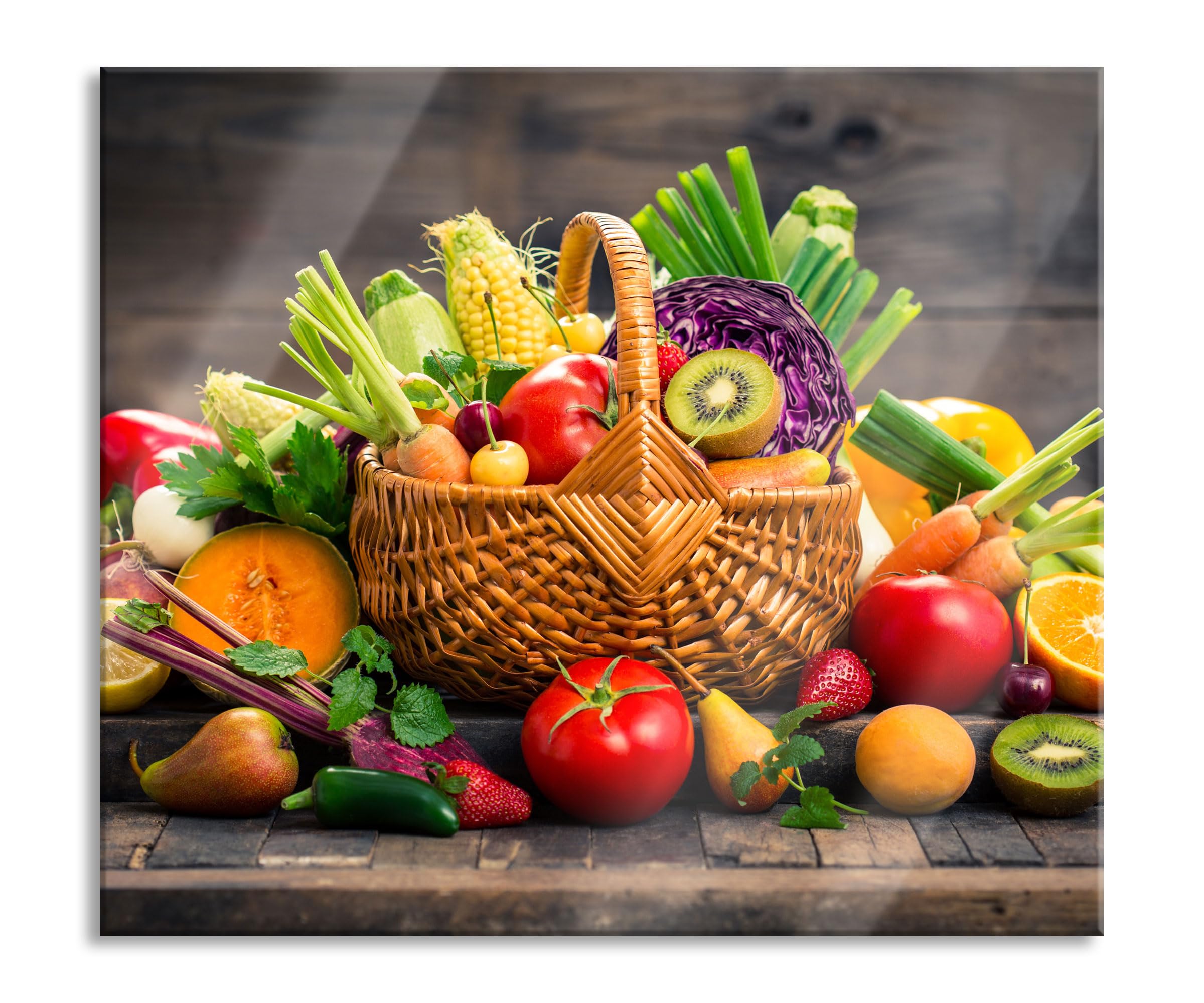 Frisches Obst und Gemüse im Korb Herdabdeckplatte & Spritzschutz aus Echtglas | Für Herd-Kochfelder | 60x52 cm